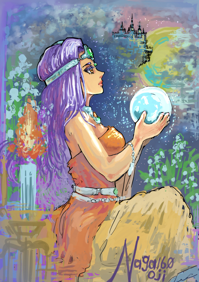 naga160oji, minea (dq4), dragon quest, dragon quest iv, highres, artist name, asymmetrical dress, brown eyes, candle, castle, circlet, colored eyelashes, crystal ball, dark-skinned female, dark skin, dress, expressionless, fire, flower, forehead jewel, from side, full body, full moon, gem, green gemstone, hands up, holding orb, lipstick, long dress, long hair, long sleeves, makeup, moon, orange dress, orb, profile, purple hair, red lips, silver circlet, single bare shoulder, single sleeve, sitting