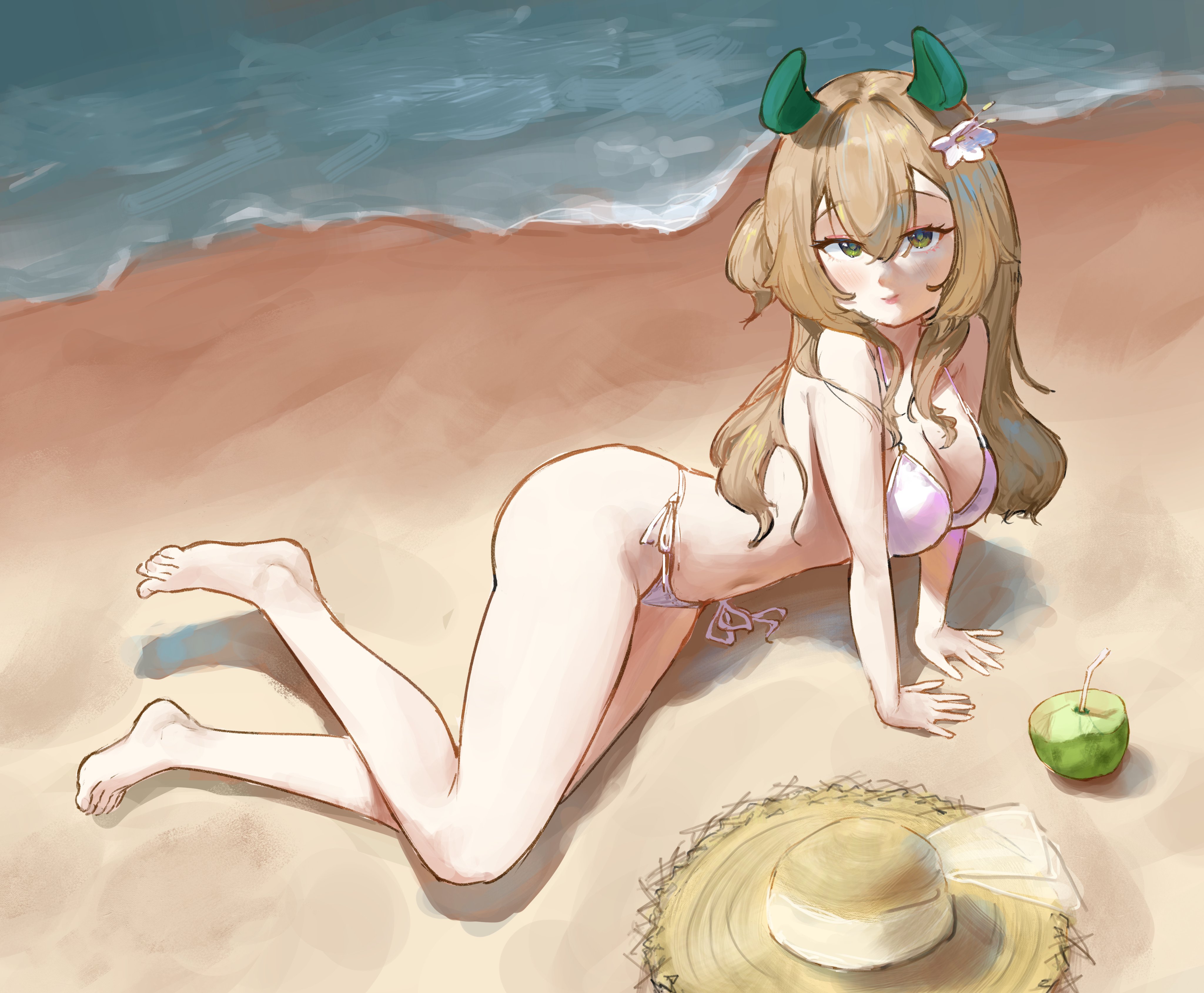 bobsta01, nimi nightmare, indie virtual youtuber, animal ears, beach, bikini, blonde hair, breasts, green eyes, hat, navel, sand, swimsuit, tapir ears, virtual youtuber, water, white bikini