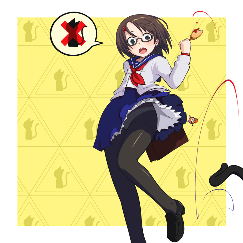 kurabayashi aya, kenny mccormick, original, south park, 1girl, black eyes, black pantyhose, brown hair, cat, clothes lift, female focus, glasses, hair ornament, hairclip, hot dog, panties, panties under pantyhose, pantyhose, school uniform, serafuku, short hair, skirt, skirt lift, solo, underwear, wind, wind lift