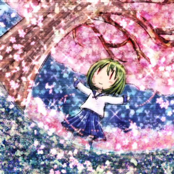 hakobune, original, cherry blossoms, chibi, green hair, school uniform, serafuku, short hair, solo, | |