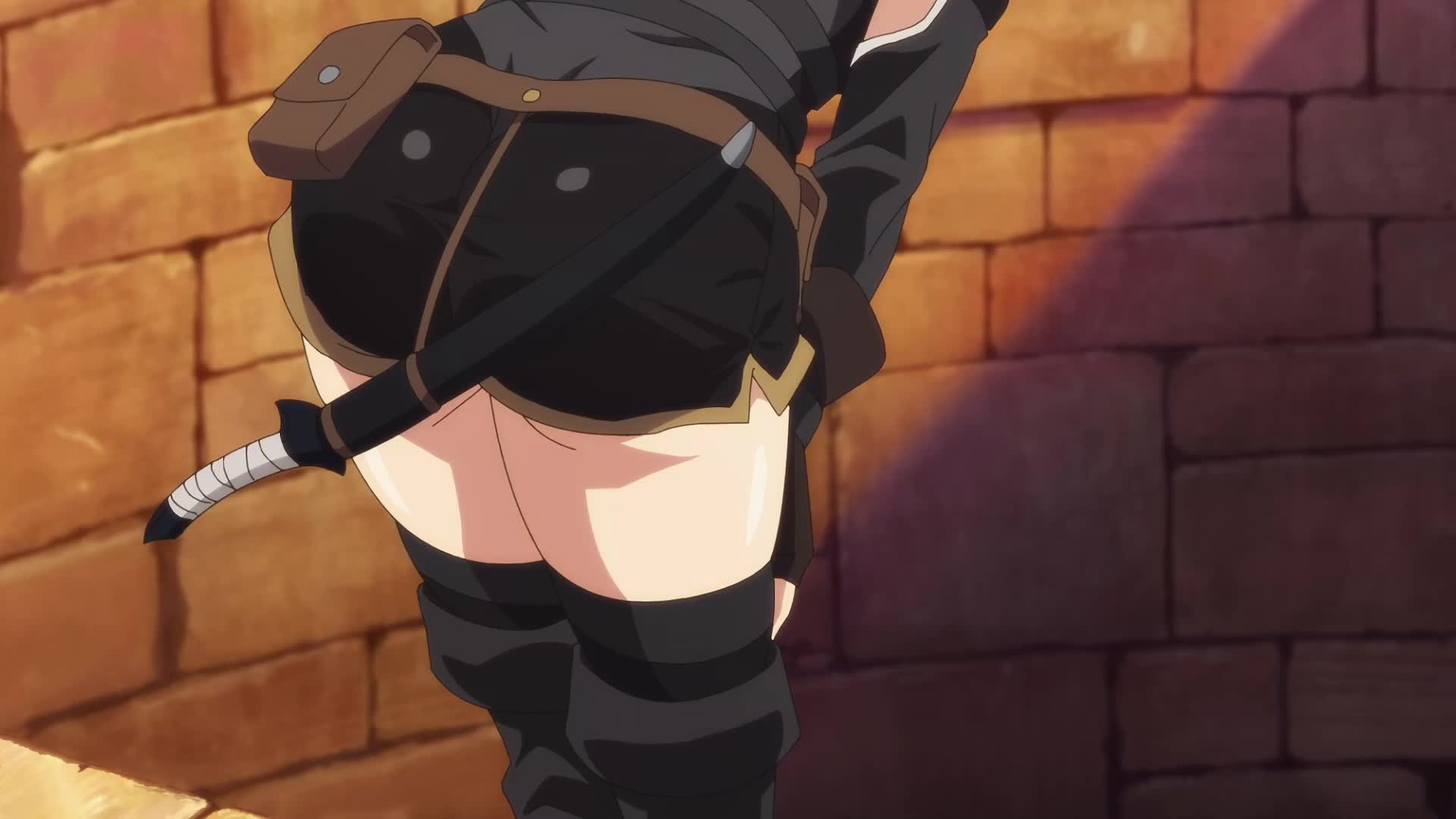 tino shade, nageki no bourei wa intaishitai, animated, anime screenshot, highres, sound, tagme, video, 1girl, ass, black gloves, black hair, black romper, black shorts, black thighhighs, blue eyes, breasts, closed eyes, elbow gloves, gloves, hair ribbon, medium breasts, medium hair, red ribbon, ribbon, romper, shirt, shorts, smile, thick thighs, thighhighs, thighs, white shirt