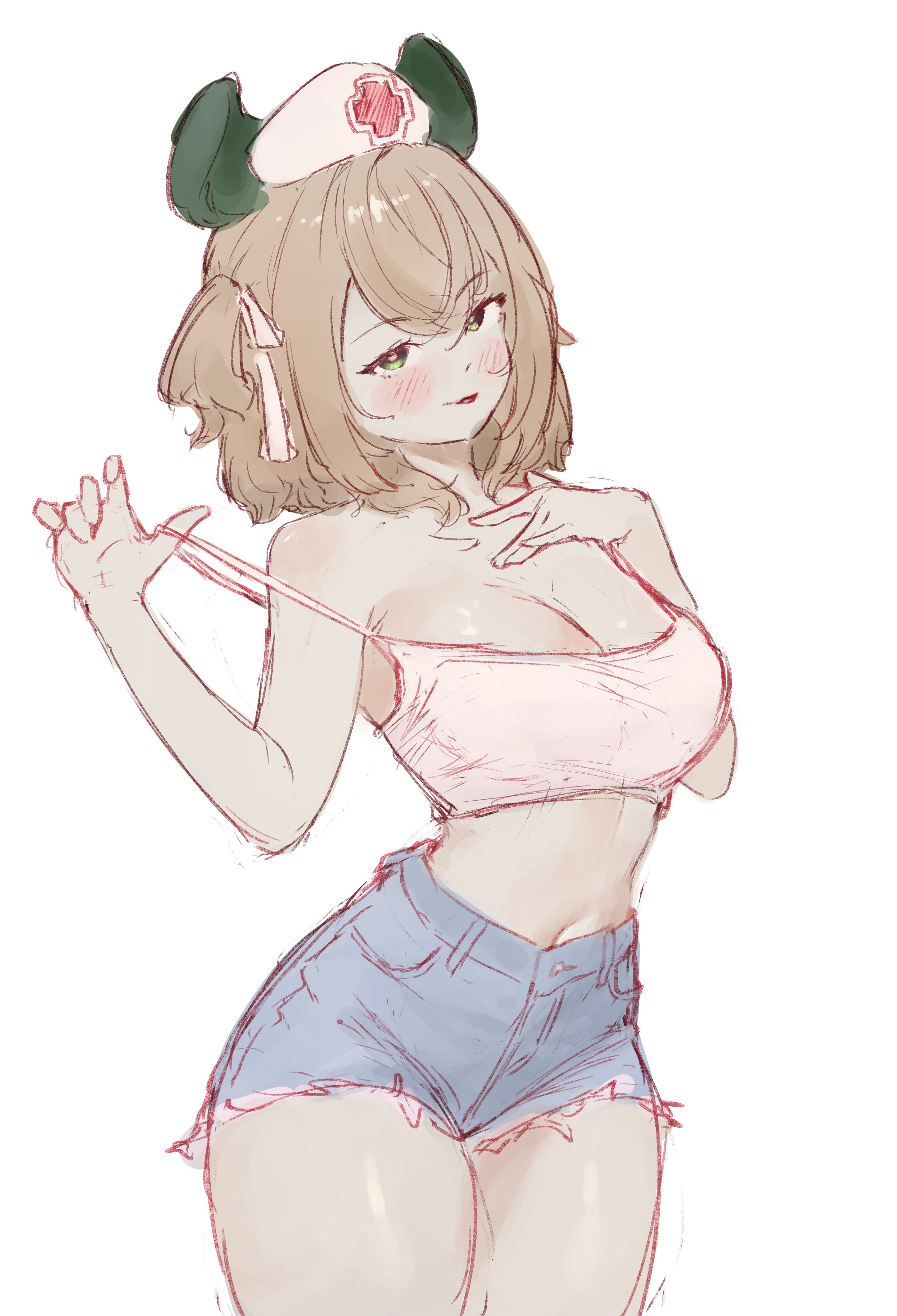 bobsta01, nimi nightmare, indie virtual youtuber, animal ears, blonde hair, breasts, denim, denim shorts, green eyes, hat, narrow waist, navel, nurse cap, shorts, tank top, tapir ears, virtual youtuber