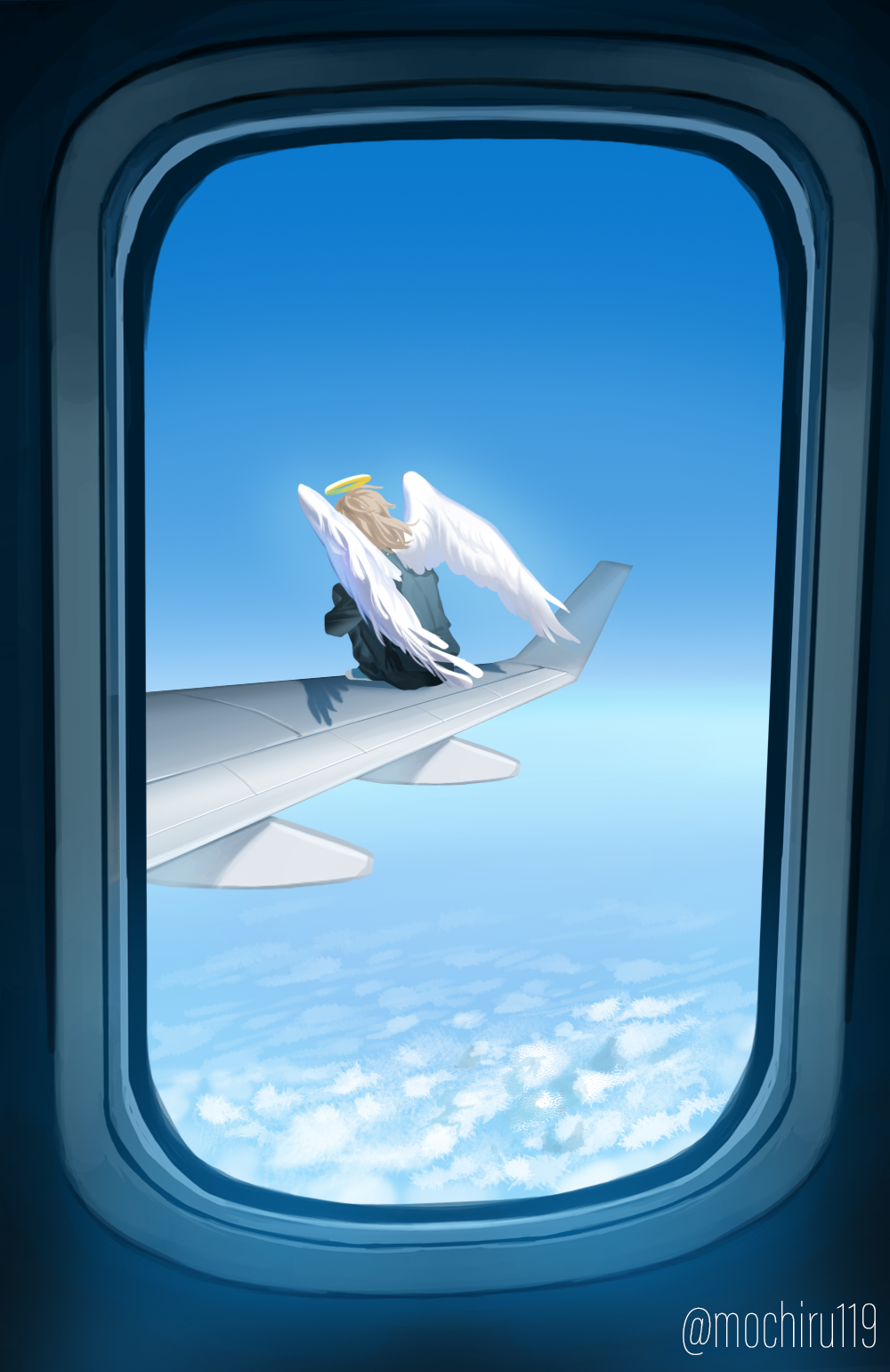 angel devil (chainsaw man), chainsaw man, highres, 1boy, aircraft, airplane, airplane wing, angel wings, black jacket, black pants, black suit, blue sky, feathered wings, formal clothes, from inside, grey hair, halo, jacket, long hair, male focus, mochiru119, pant suit, pants, sitting, sky, solo, suit, suit jacket, white wings, window, wings, yellow halo