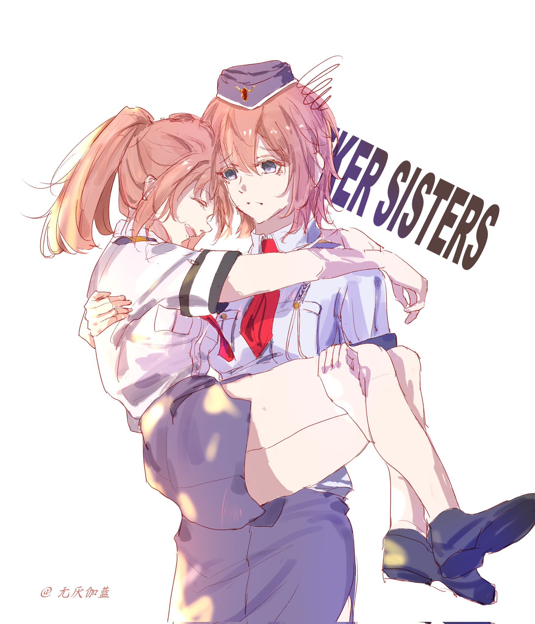 fran seeker, noel seeker, ao no kiseki, eiyuu densetsu, zero no kiseki, highres, 2girls, bob cut, brown hair, closed eyes, closed mouth, english text, hair between eyes, hat, military hat, multiple girls, necktie, open mouth, parted bangs, pencil skirt, police, police uniform, ponytail, purple eyes, red necktie, short sleeves, siblings, simple background, sisters, skirt, smile, twitter username, upper body, white background, yingkongji1