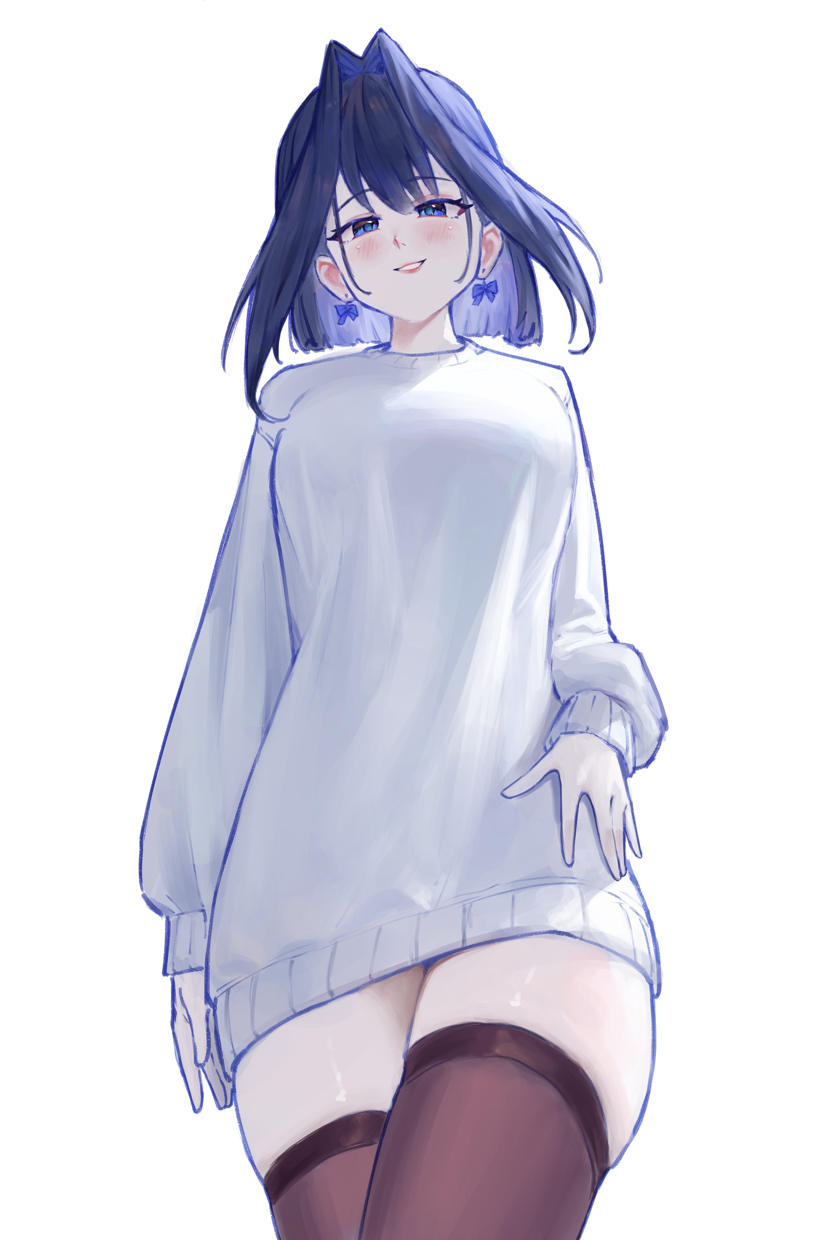 bobsta01, ouro kronii, hololive, hololive english, blue eyes, blue hair, hair intakes, looking at viewer, looking down, medium hair, pale skin, sweat, thighhighs, virtual youtuber