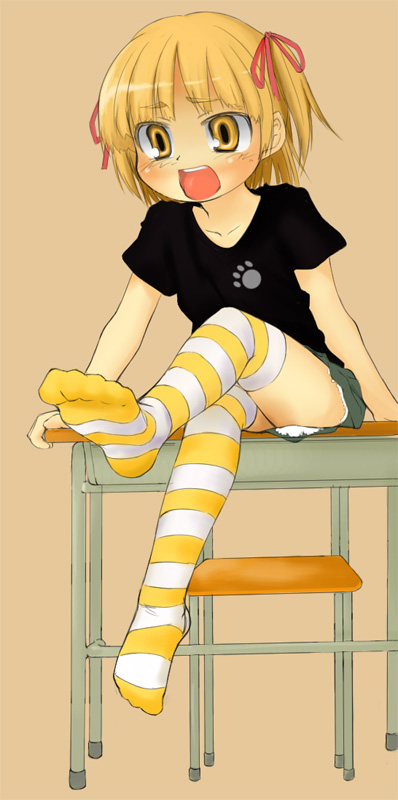 caboya, marui mitsuba, mitsudomoe (manga), 1girl, blonde hair, feet, female focus, hair ribbon, ribbon, skirt, socks, solo, striped clothes, striped socks, striped thighhighs, thighhighs, twintails, yellow eyes, zettai ryouiki
