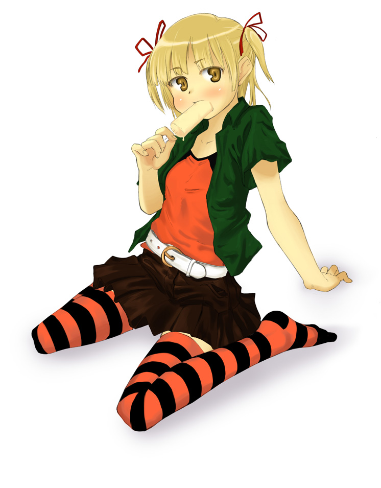 caboya, marui mitsuba, mitsudomoe (manga), belt, blonde hair, feet, flat chest, food, hair ribbon, popsicle, ribbon, short hair, skirt, socks, solo, striped clothes, striped socks, striped thighhighs, thighhighs, twintails, yellow eyes, zettai ryouiki
