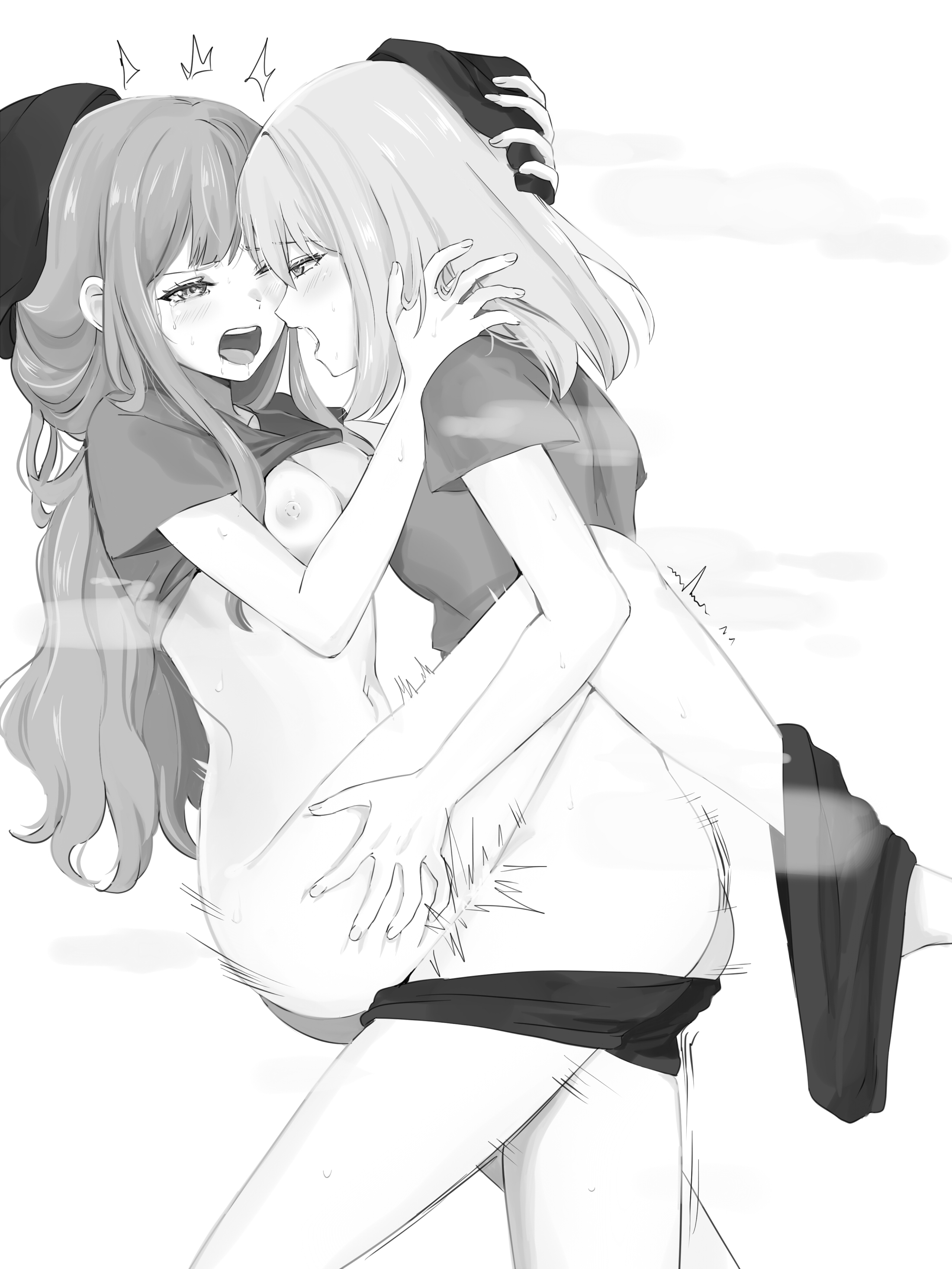 misumi uika, togawa sakiko, bang dream!, bang dream! it's mygo!!!!!, absurdres, commentary, hashtag-only commentary, highres, 2girls, blush, breasts, futa with female, futanari, greyscale, hand in another's hair, hat, large breasts, long hair, medium breasts, medium hair, miomujica, monochrome, multiple girls, navel, nipples, open mouth, sex, short sleeves, shorts, shorts around one leg, sidelocks