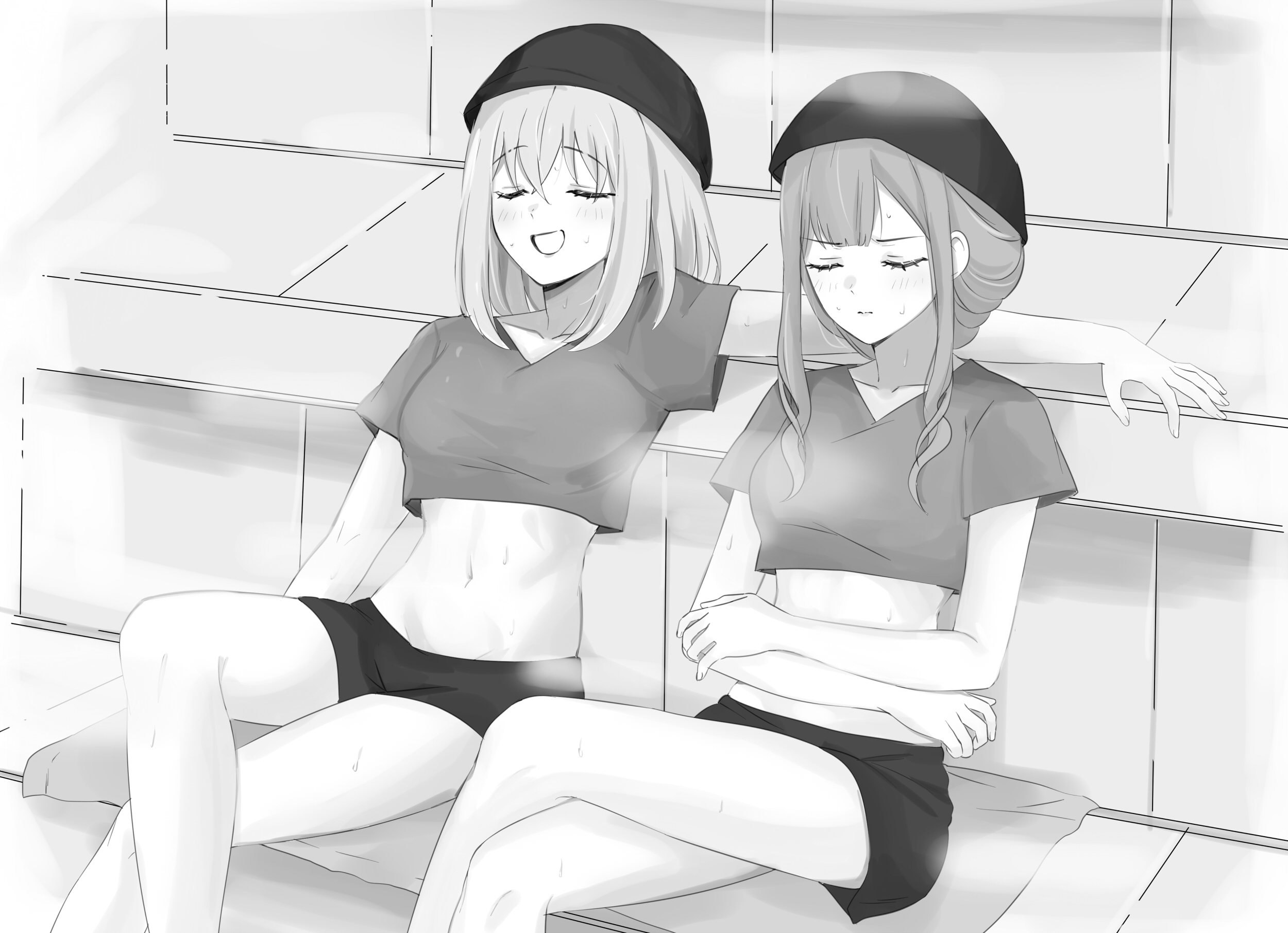 misumi uika, togawa sakiko, bang dream!, bang dream! it's mygo!!!!!, commentary, hashtag-only commentary, highres, 2girls, blush, breasts, closed eyes, closed mouth, crop top, crop top overhang, cropped shirt, greyscale, hair between eyes, long hair, medium breasts, medium hair, midriff, miomujica, monochrome, multiple girls, navel, open mouth, sauna, shorts, sidelocks, sweat