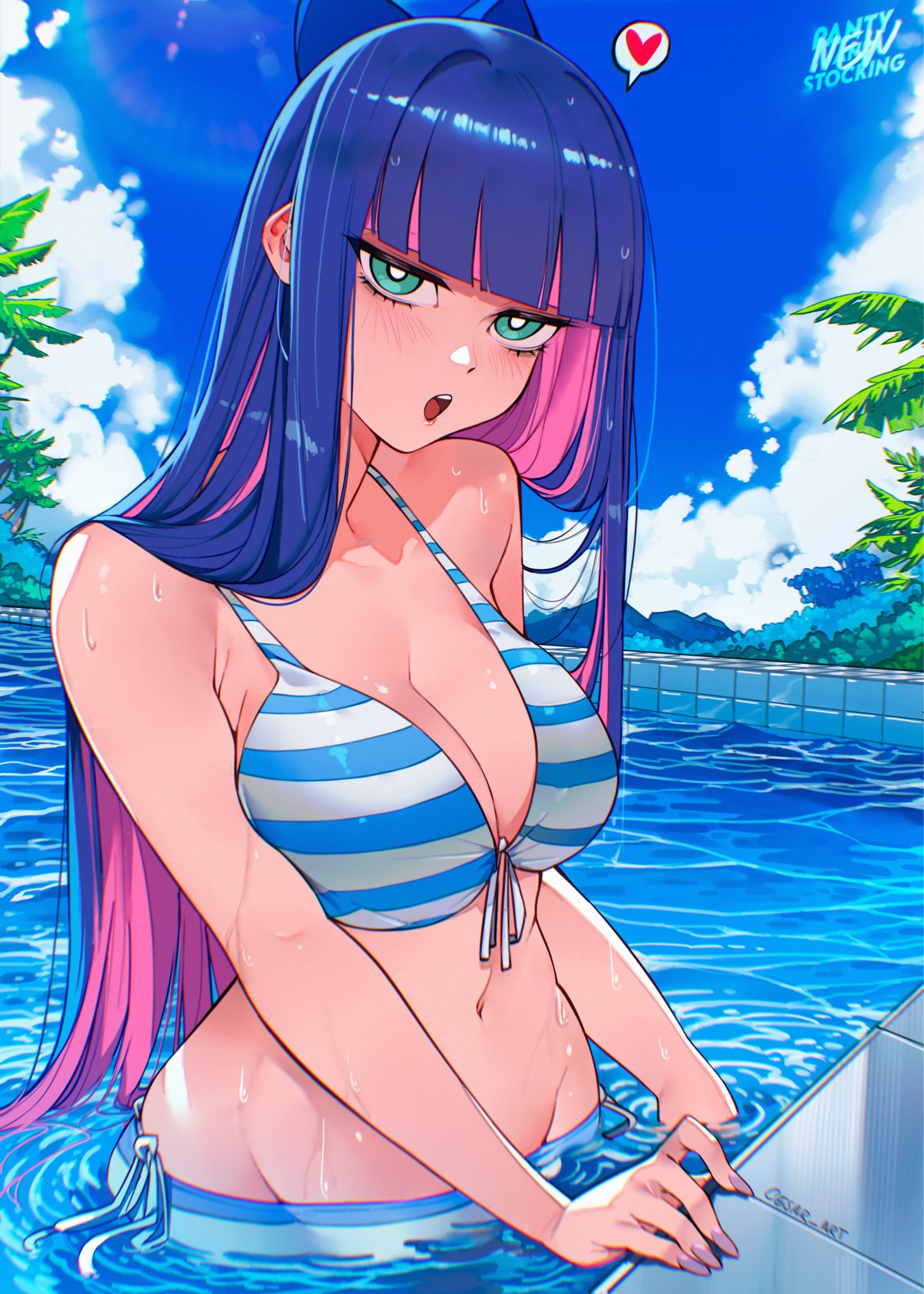 cesar art456, stocking (psg), panty & stocking with garterbelt, highres, 1girl, armpits, bare shoulders, bikini, blue eyes, blue hair, blunt bangs, bow, breasts, cleavage, colored inner hair, hair bow, hip bones, large breasts, long hair, looking at viewer, multicolored hair, navel, open mouth, pink hair, pool, purple hair, purple nails, solo, stomach, striped clothes, swimming, swimsuit, teeth, tree, two-tone hair, upper teeth only, water