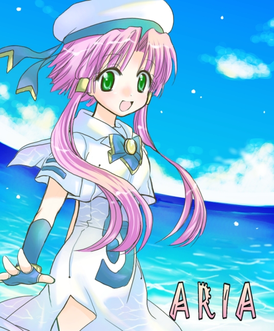 kaimu natsuki, mizunashi akari, aria (manga), 00s, 1girl, blouse, day, female focus, fingerless gloves, gloves, green eyes, hat, long hair, ocean, outdoors, pink hair, shirt, short hair with long locks, sky, solo, water, white shirt