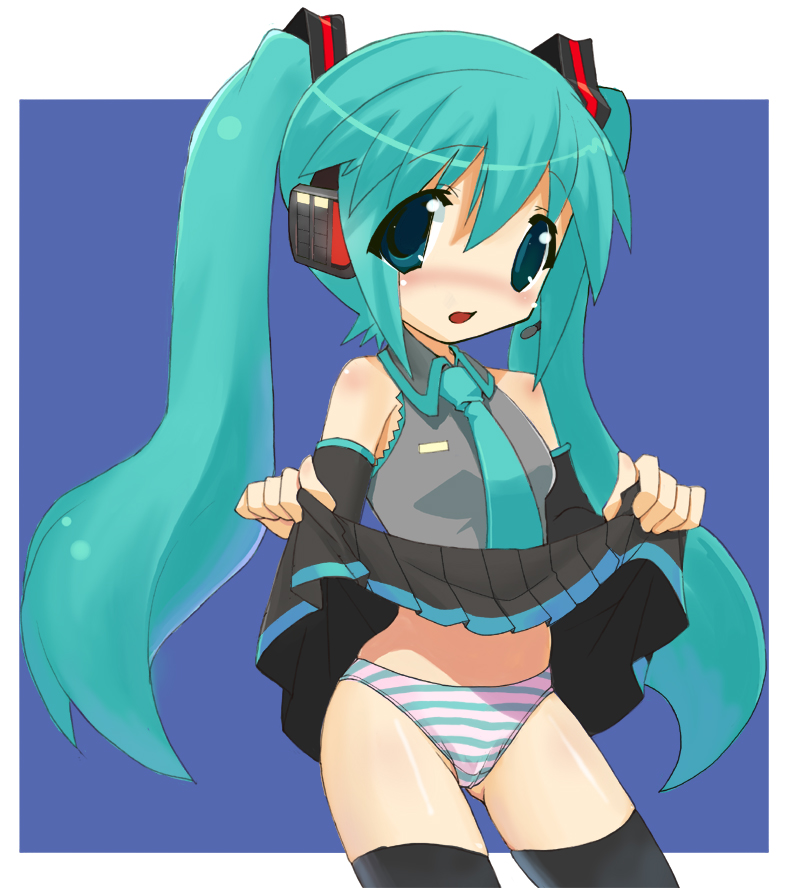 tsudero, hatsune miku, vocaloid, bad id, bad pixiv id, aqua eyes, aqua hair, blush, clothes lift, detached sleeves, necktie, open mouth, panties, skirt, skirt lift, solo, striped clothes, striped panties, thighhighs, twintails, underwear