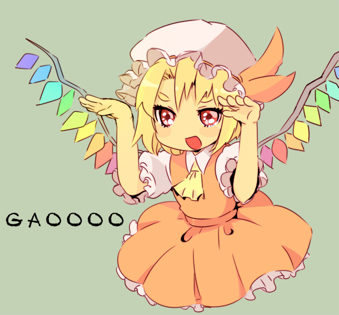 rawan, flandre scarlet, touhou, eyebrows, no legs, bad id, bad pixiv id, 1girl, :d, blonde hair, dress, female focus, gao, hat, mob cap, open mouth, red eyes, short hair, simple background, smile, solo, wings