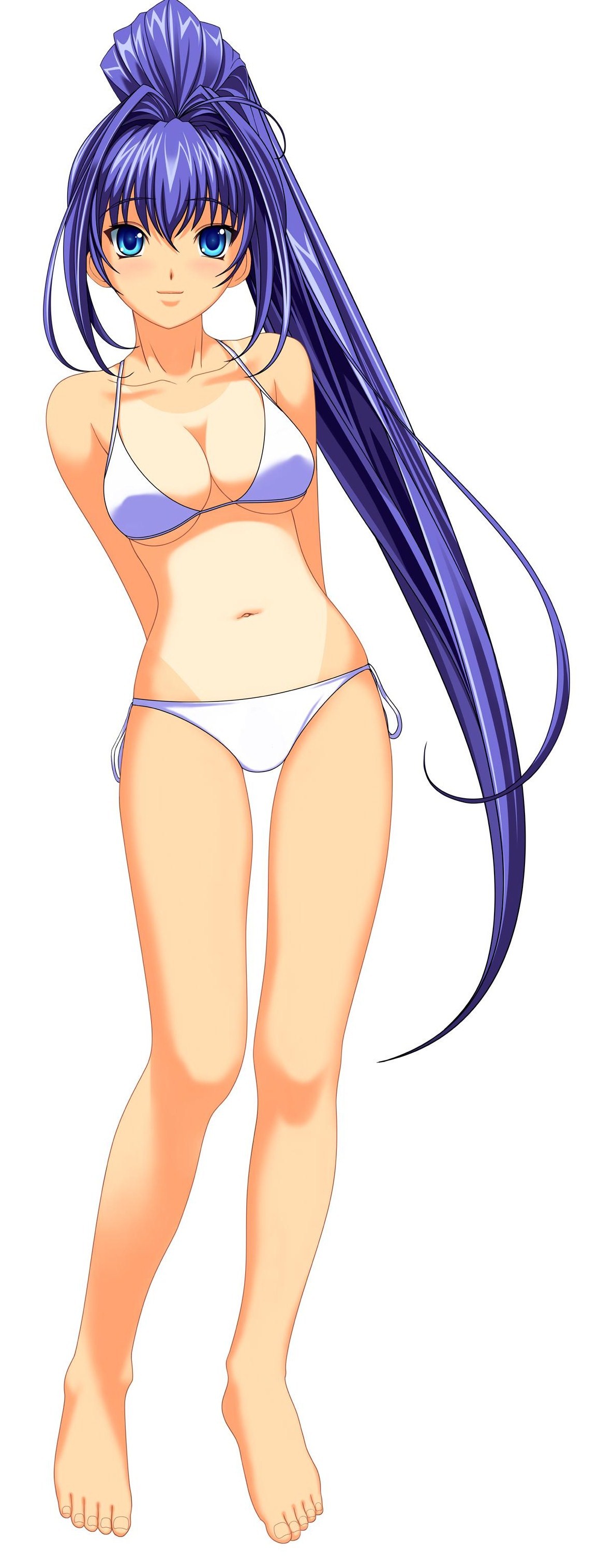 a1 (initial-g), hayase mitsuki, kimi ga nozomu eien, absurdres, highres, 00s, 1girl, barefoot, bikini, blue eyes, blue hair, blush, breasts, cleavage, female focus, full body, long hair, lowleg, lowleg bikini, matching hair/eyes, navel, one-piece tan, side-tie bikini bottom, simple background, solo, standing, string bikini, swimsuit, tan, tanline, toes, white background, white bikini