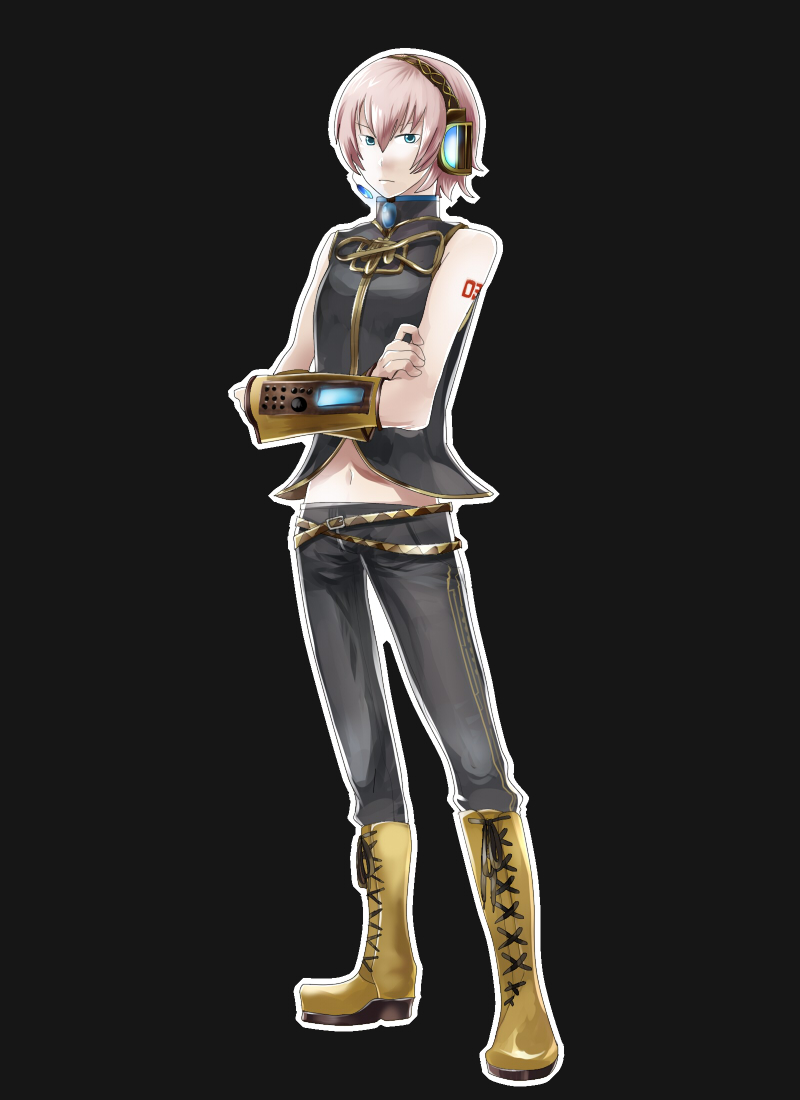 kojijima, kane, megurine luka, megurine luki, vocaloid, bad id, bad pixiv id, 1boy, blue eyes, boots, crossed arms, full body, genderswap, genderswap (ftm), male focus, pink hair, short hair, solo, standing