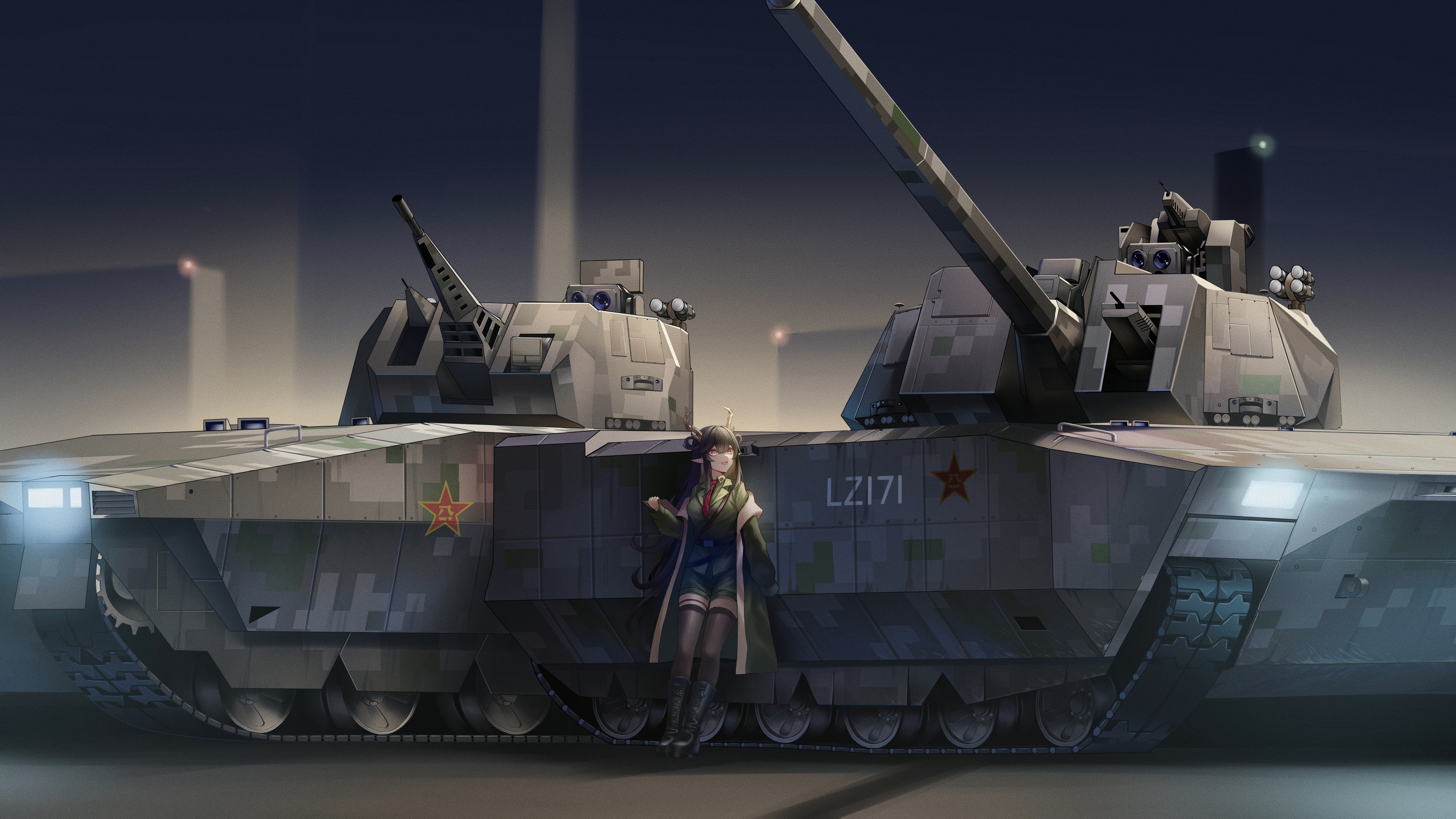 original, absurdres, adversarial noise, chinese commentary, commentary request, highres, 1girl, armored personnel carrier, armored vehicle, autocannon, belt, black belt, black boots, black pantyhose, black thighhighs, blurry, blurry background, boots, brown coat, brown jacket, brown shorts, building, camouflage, cannon, caterpillar tracks, clipboard, coat, digital camouflage, dragon girl, dragon horns, emblem, evening, glowing, glowing eyes, gradient sky, green eyes, headlight beam, holding, holding clipboard, horns, jacket, lace-up boots, lapels, leaning against vehicle, long hair, looking to the side, manually-operated mounted gun, military, military uniform, military vehicle, motor vehicle, necktie, night, night sky, open clothes, open coat, open mouth, pantyhose, people's liberation army, people's liberation army ground force, pointing, pointing up, pointy ears, red horns, red necktie, remote weapon system, road, shorts, sidelocks, skindentation, sky, sleeves past fingers, sleeves past wrists, slimestone sdark, slit pupils, smile, smoke grenade launcher, street, suit jacket, tank, tank gun, tank turret, thigh strap, thighhighs, trench coat, vehicle focus, very long hair, zbd-100, zettai ryouiki, ztz-100