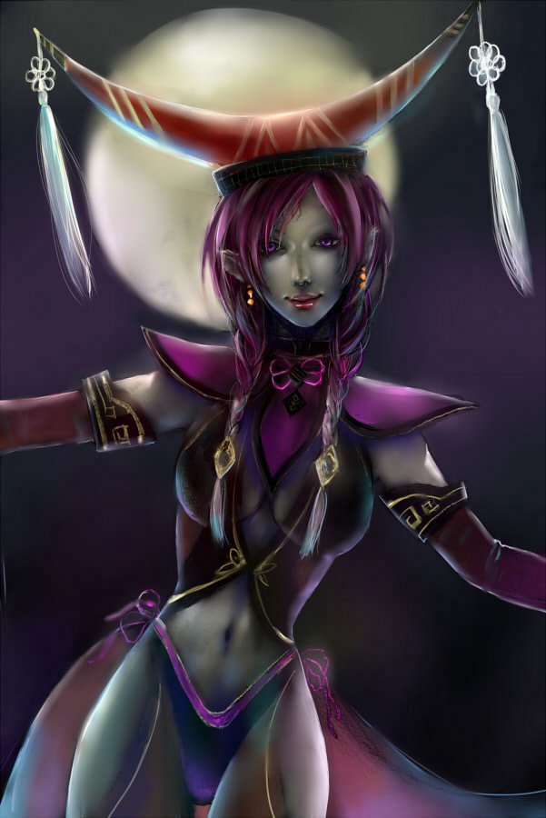 tonabe, yumechigai, da ji, musou orochi, bad id, bad pixiv id, 1girl, braid, detached sleeves, female focus, hat, long hair, purple eyes, purple hair, solo, twin braids