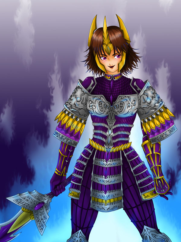 g evolve, tachibana ginchiyo, sengoku musou, sengoku musou 2, armor, brown hair, purple eyes, short hair, solo, sword, weapon