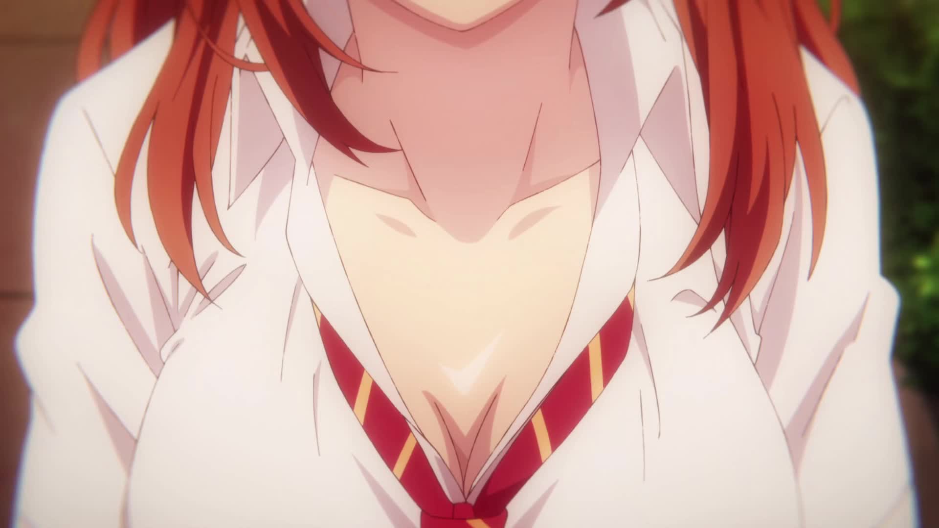 kohinata iroha (imouuzai), tomodachi no imouto ga ore ni dake uzai, animated, anime screenshot, highres, sound, tagme, video, 1girl, bouncing breasts, breast focus, breasts, brown hair, cleavage, collarbone, large breasts, necktie, no bra, red necktie, school uniform, shirt, white shirt