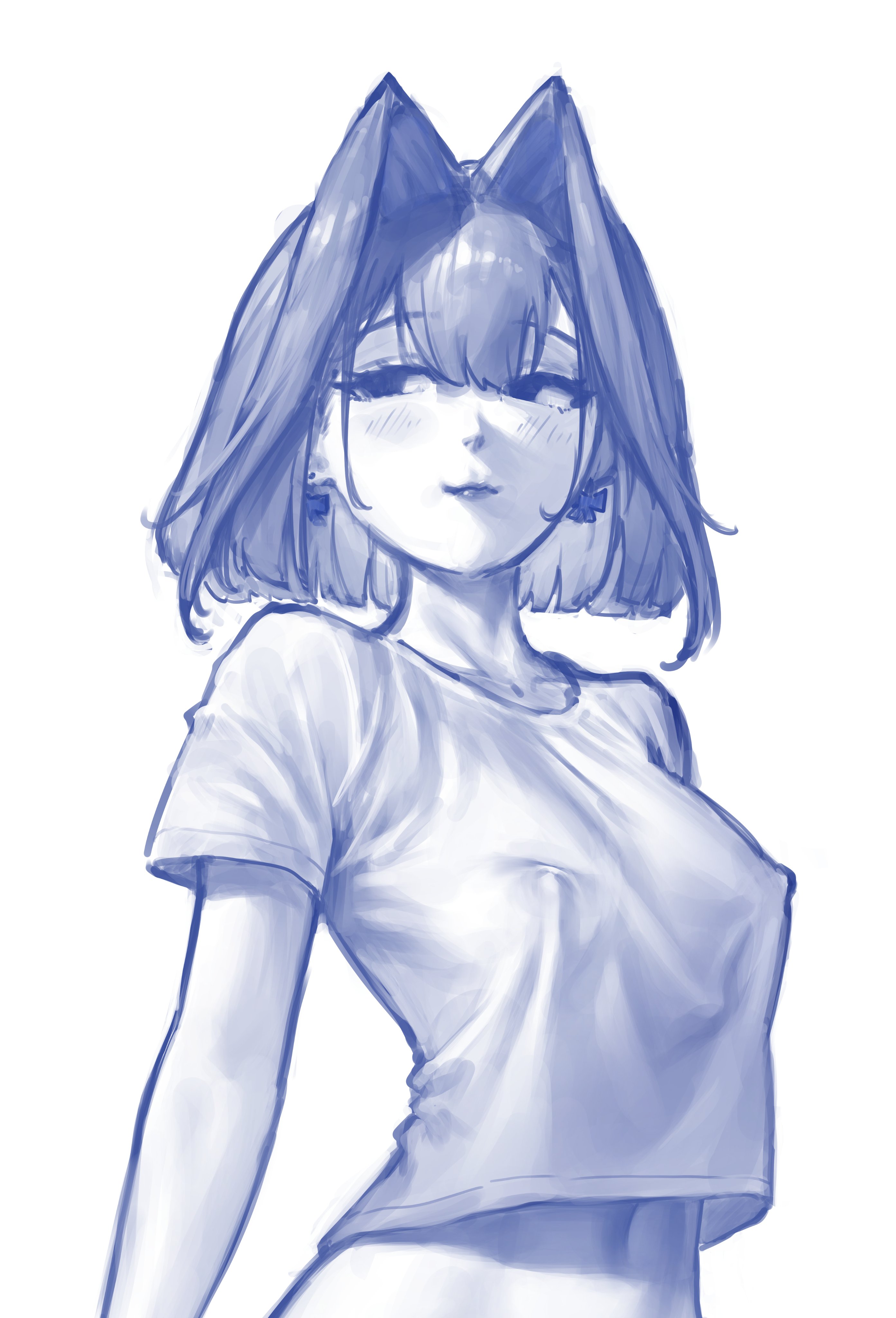 bobsta01, ouro kronii, hololive, hololive english, 1girl, breasts, covered erect nipples, hair intakes, medium hair, navel, shirt, virtual youtuber