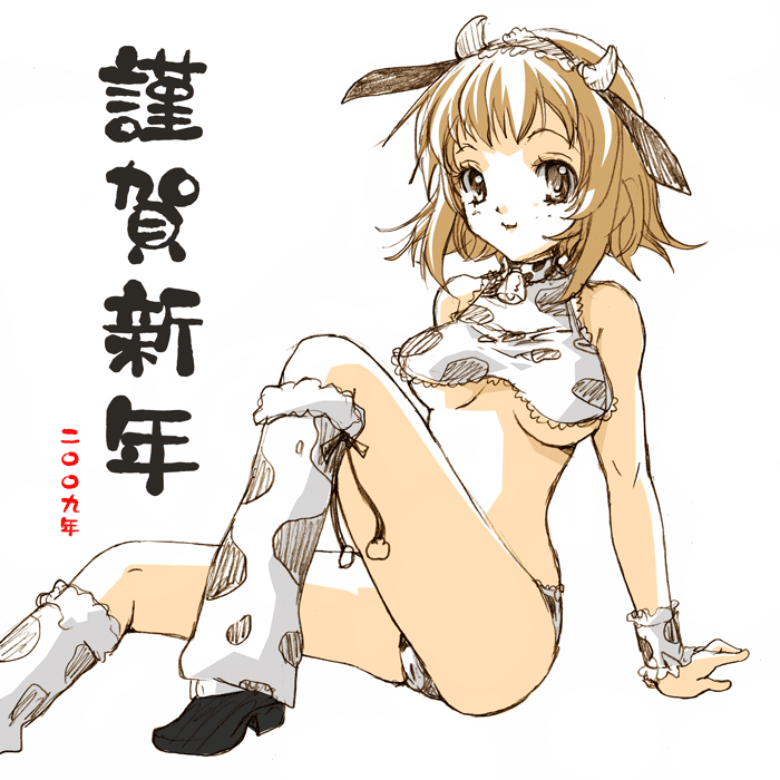makamaika, 1girl, animal print, breasts, cow print, crop top, female focus, leg warmers, medium breasts, new year, solo, underboob