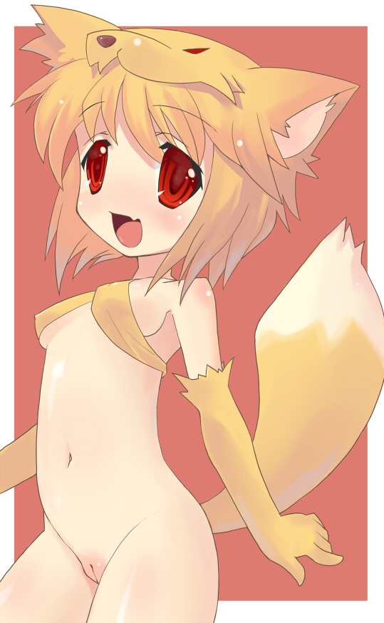 tsudero, moonlight flower, ragnarok online, bad id, bad pixiv id, 1girl, animal ears, cleft of venus, female focus, loli, navel, open mouth, pussy, red eyes, solo, tail, uncensored