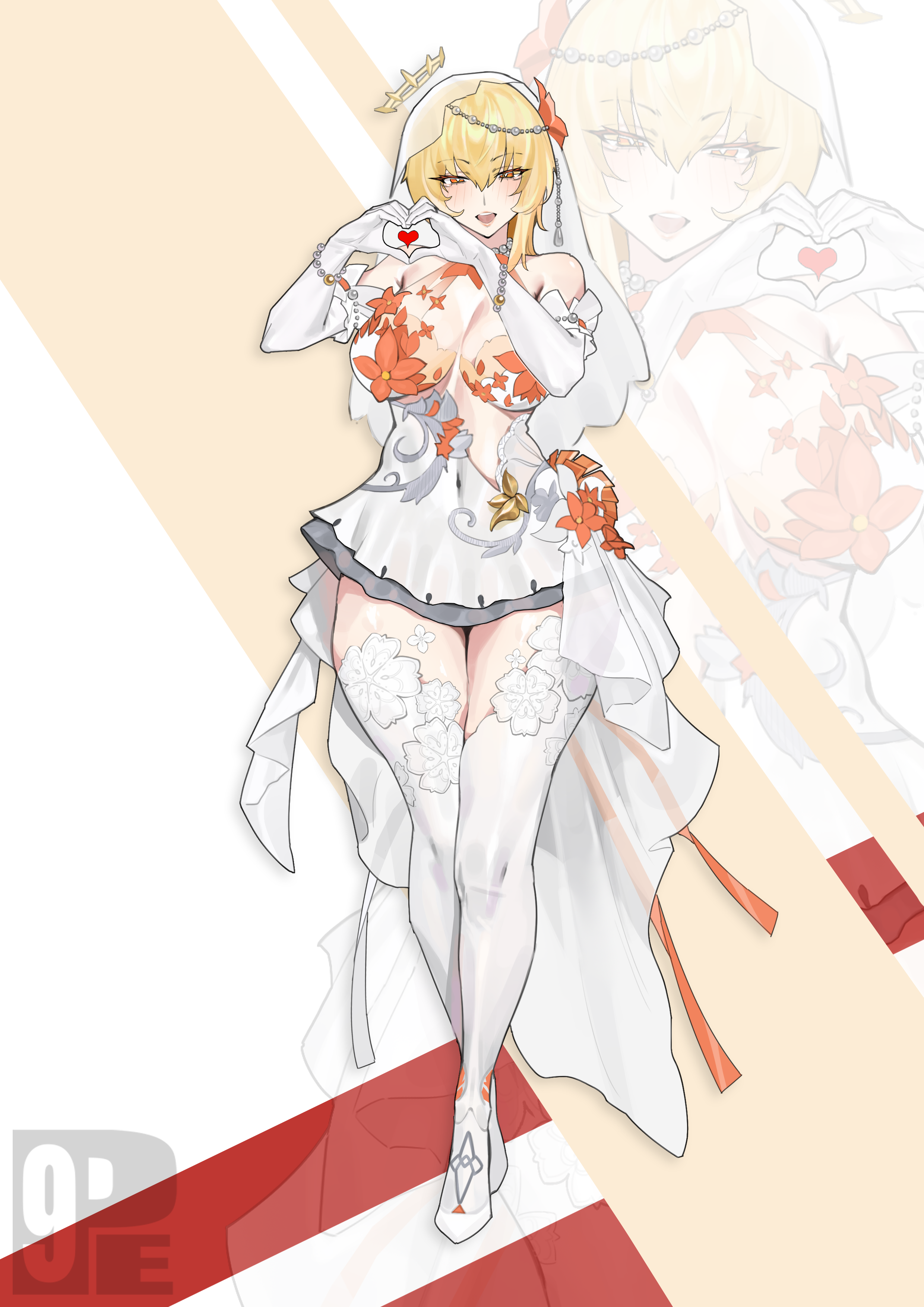 pencil9, fenny golden, snowbreak: containment zone, absurdres, commentary, highres, 1girl, blonde hair, bride, dress, elbow gloves, floral print, flower, flower on head, gloves, heart, heart hands, solo, wedding dress