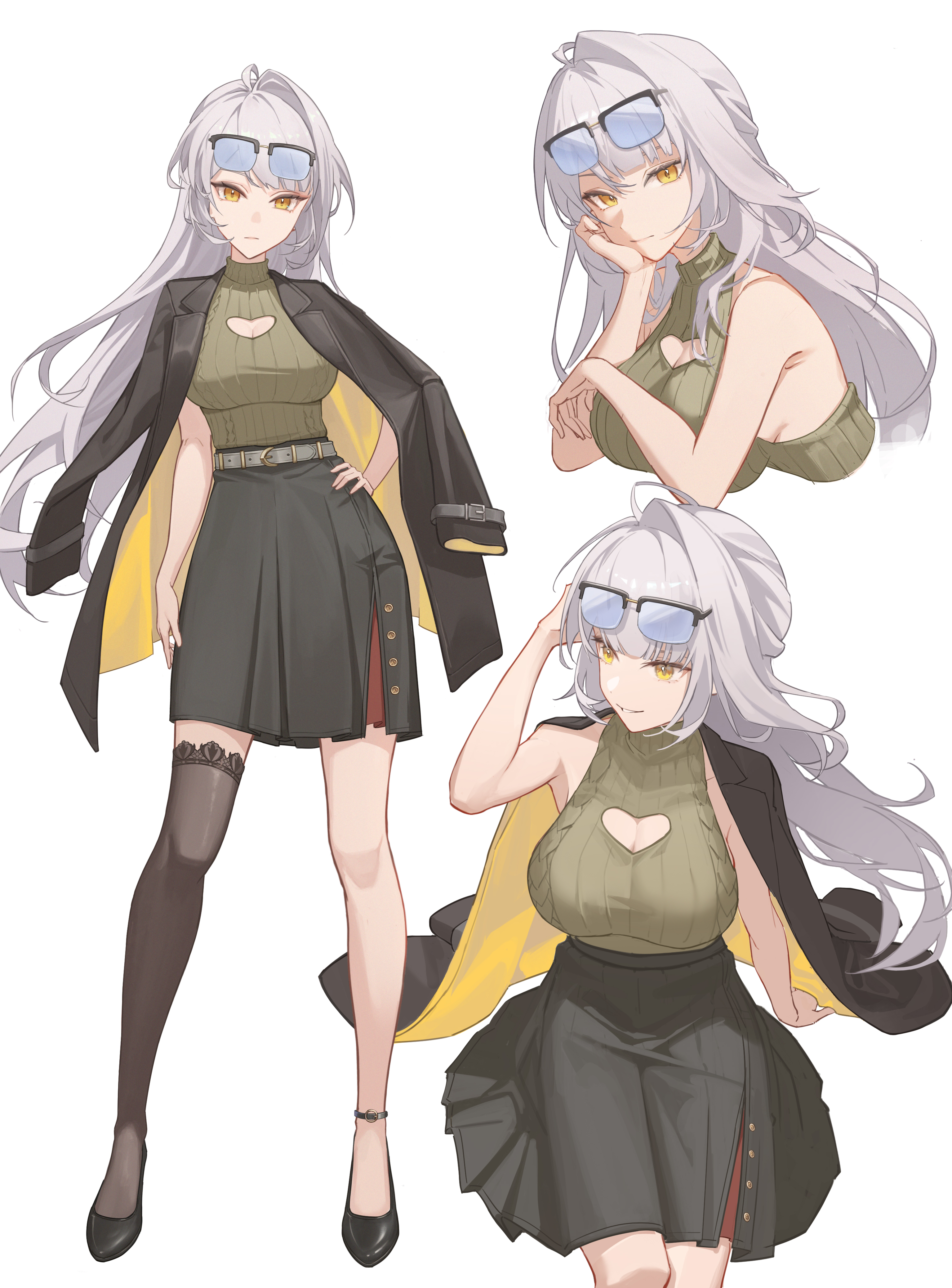 shengkai167, yixuan (zenless zone zero), zenless zone zero, absurdres, commentary request, highres, 1girl, backless shirt, belt, black coat, black shoes, black skirt, black thighhighs, breasts, cleavage cutout, clothing cutout, coat, coat on shoulders, eyewear on head, grey belt, grey hair, heart cutout, large breasts, multiple views, shoes, simple background, single thighhigh, skirt, sleeveless, sleeveless turtleneck, thighhighs, turtleneck, white background, yellow eyes