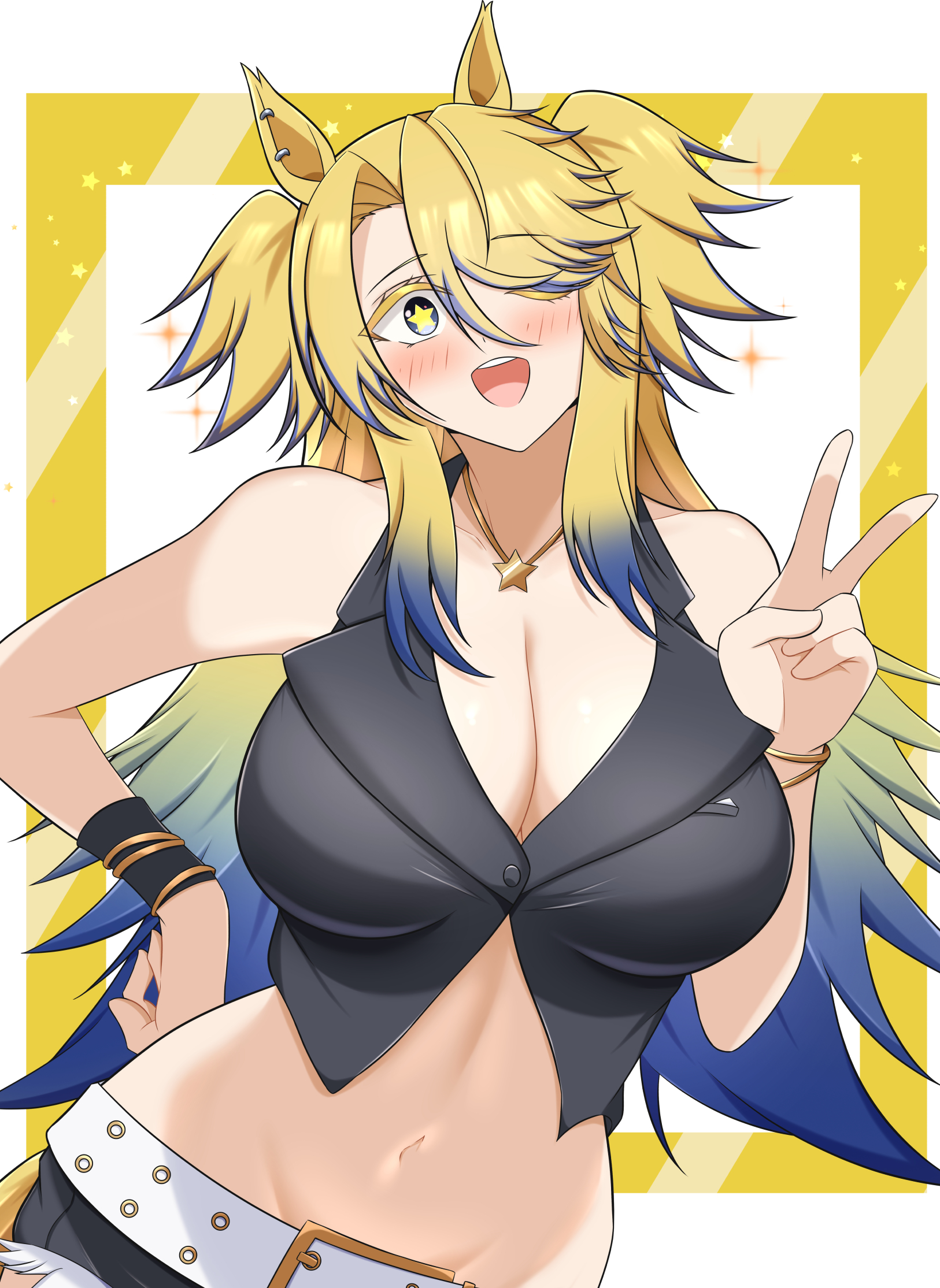 arn7, obey your master (umamusume), umamusume, umamusume: cinderella gray, commentary request, highres, 1girl, ;d, animal ears, armband, bare shoulders, belt, black shirt, blonde hair, blue eyes, blue hair, bracelet, breasts, cleavage, colored eyelashes, crop top, flag armband, from side, gradient hair, hand on own hip, horse ears, horse girl, jewelry, long hair, looking at viewer, midriff, multicolored hair, navel, necklace, one eye closed, open mouth, shirt, sleeveless, sleeveless shirt, smile, solo, star-shaped pupils, star (symbol), star necklace, symbol-shaped pupils, two-tone hair, v, white belt, yellow nails, yellow pupils