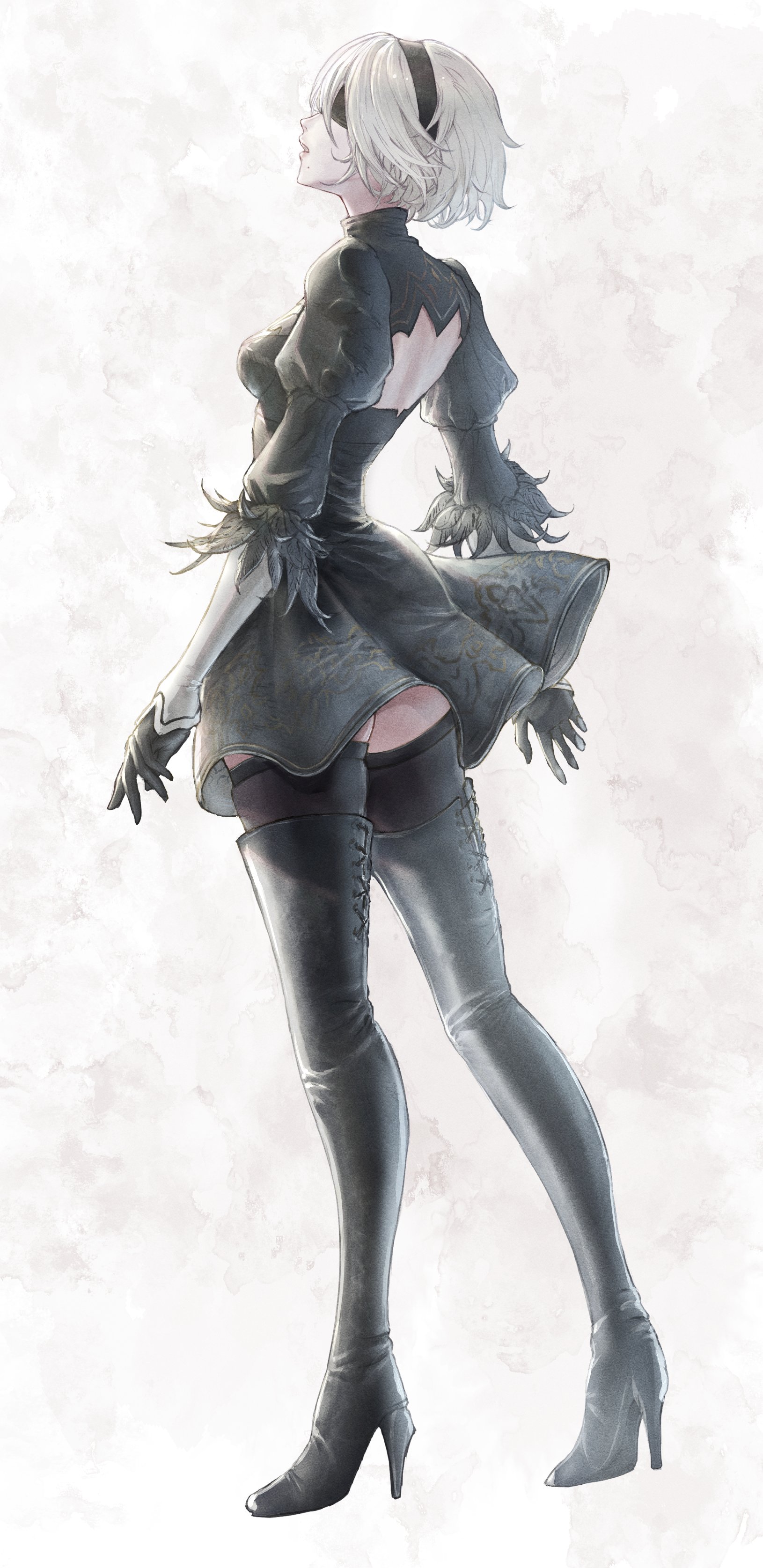 tomozoo83, 2b (nier:automata), nier:automata, nier (series), absurdres, highres, 1girl, back cutout, black boots, black dress, black gloves, black hairband, black thighhighs, blindfold, boots, breasts, clothing cutout, covered eyes, dress, feather trim, from side, full body, gloves, hair between eyes, hairband, juliet sleeves, long sleeves, medium breasts, mole, mole under mouth, open mouth, profile, puffy sleeves, short hair, skindentation, solo, standing, thigh boots, thighhighs, thighs, turtleneck, turtleneck dress, white hair, zettai ryouiki