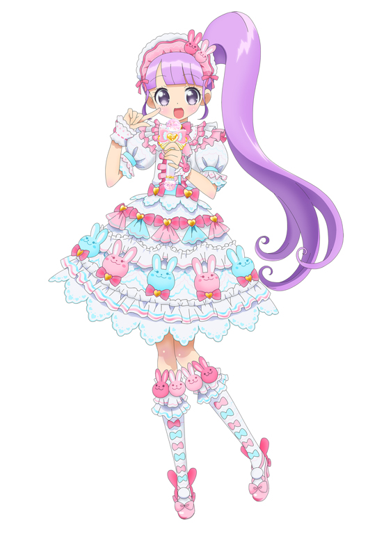 manaka non, pretty series, pripara, official art, second-party source, 1girl, :d, animal print, blunt bangs, bow, dress, finger to cheek, frilled dress, frilled sleeves, frilled socks, frills, full body, hands up, holding, holding microphone, idol clothes, index finger raised, lolita fashion, long hair, looking at viewer, microphone, open mouth, pink bow, pink shoes, puffy short sleeves, puffy sleeves, purple eyes, purple hair, rabbit print, shoes, short sleeves, side ponytail, simple background, smile, socks, solo, standing, sweet lolita, white background, white dress, white socks