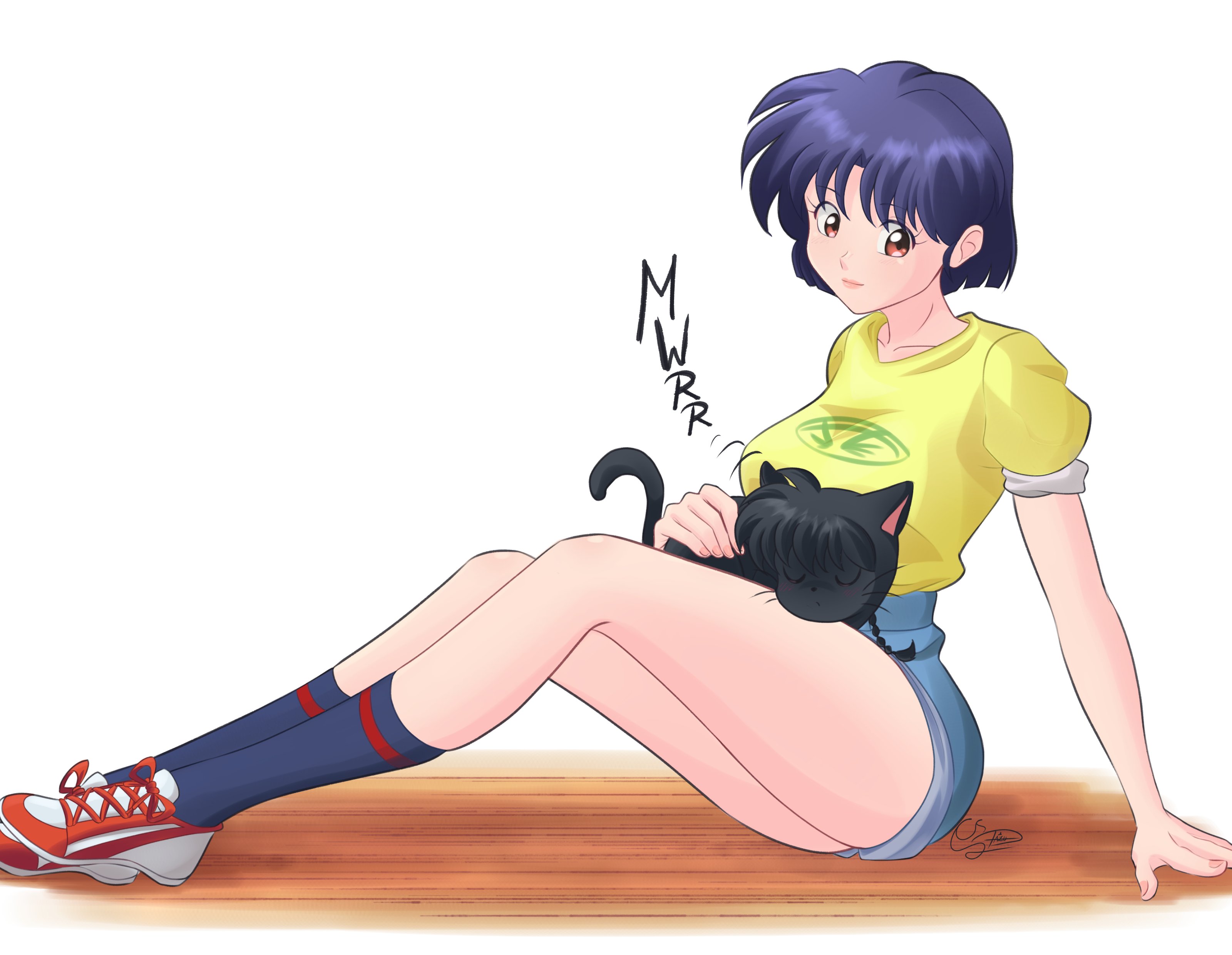 the dazu, saotome ranma, tendou akane, ranma 1/2, absurdres, commentary, english commentary, highres, 1boy, 1girl, animalization, arm support, artist name, black cat, blue hair, blue shorts, blue socks, braid, braided ponytail, breasts, cat, closed eyes, closed mouth, collarbone, fingernails, floor, from side, hand on another's back, large breasts, legs, long legs, looking down, orange eyes, outstretched legs, pink lips, purring, shirt, shoes, short hair, short shorts, short sleeves, shorts, sideways glance, signature, simple background, sitting, sneakers, socks, thighs, white background, yellow shirt