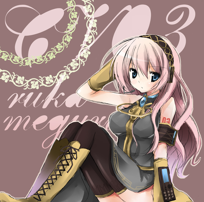 purinpurin, megurine luka, vocaloid, bad id, bad pixiv id, blue eyes, boots, brown boots, long hair, pink hair, sitting, solo, thighhighs