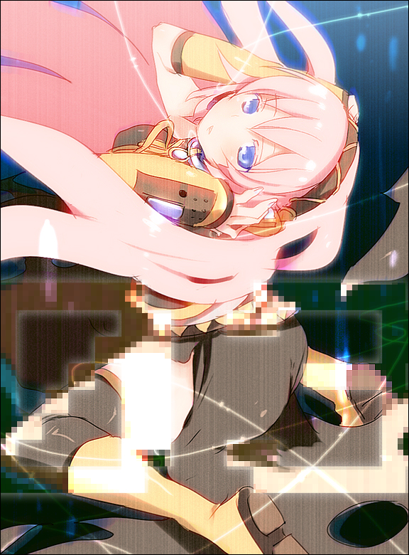 kl (dgzonbi), megurine luka, vocaloid, 1girl, blue eyes, digital dissolve, female focus, kneeling, long hair, pink hair, pixelated, solo, thighhighs, wind