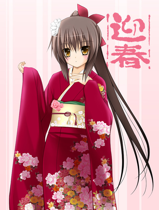 tomosuke, kyonko, suzumiya haruhi no yuuutsu, gender request, 00s, 1girl, female focus, genderswap, japanese clothes, kimono, new year, ponytail, solo
