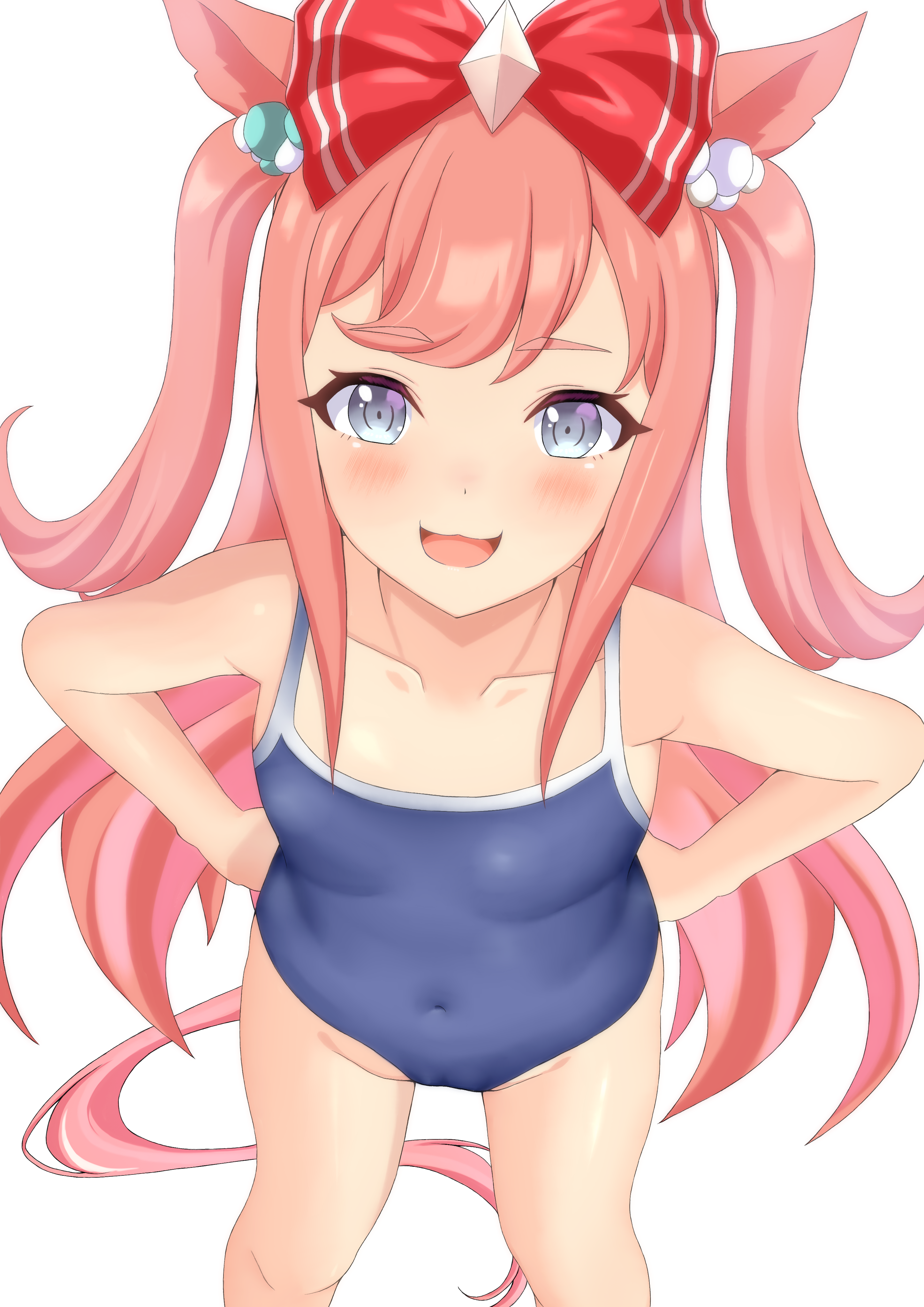 naruruka0805, agnes digital (umamusume), umamusume, absurdres, commentary request, highres, 1girl, :3, animal ears, blue eyes, blue one-piece swimsuit, bow, commenter:, competition school swimsuit, covered navel, feet out of frame, from above, groin, hair bow, hands on own hips, horse ears, horse girl, horse tail, long hair, looking at viewer, one-piece swimsuit, pink hair, school swimsuit, simple background, smile, solo, swimsuit, tail, two side up, white background