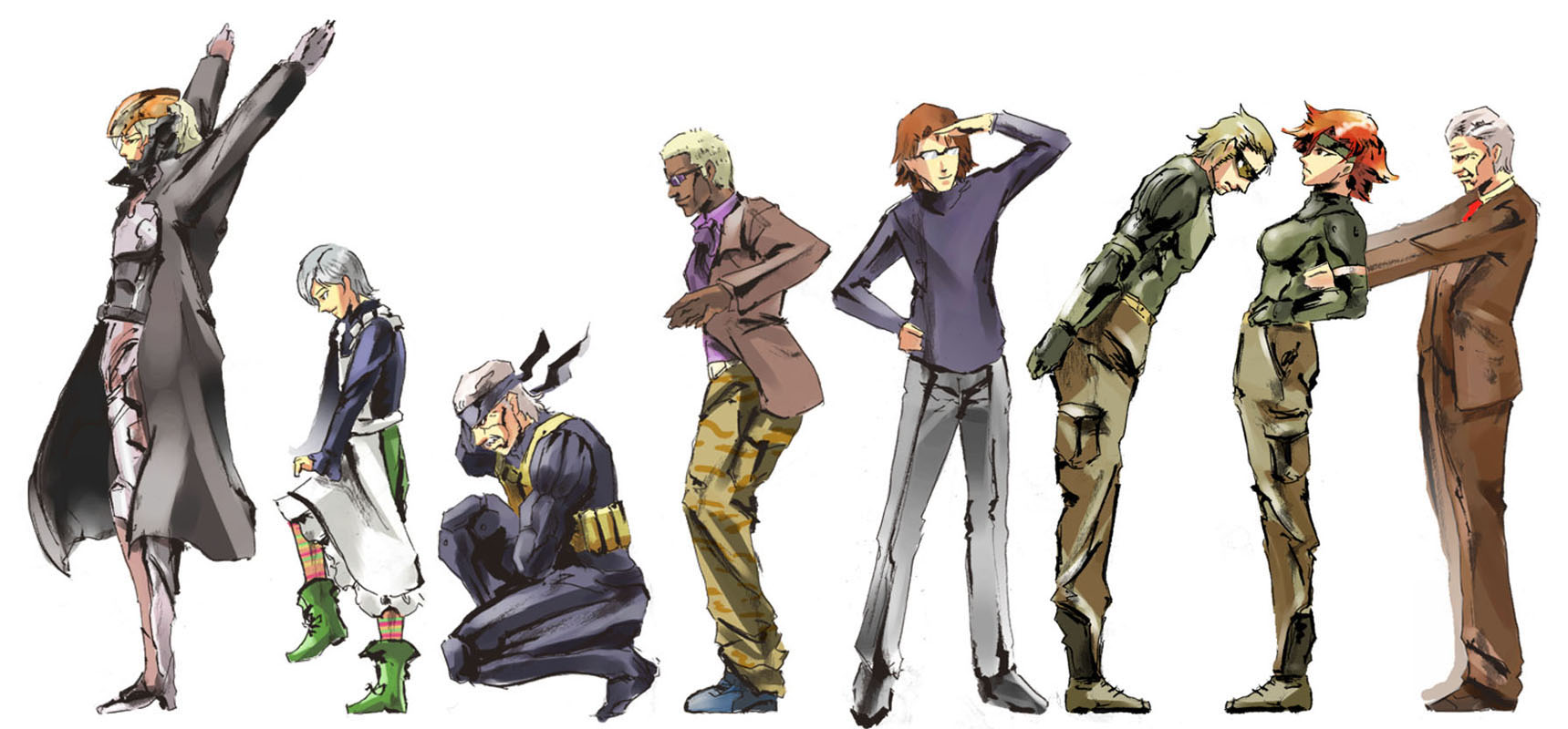 ikuyoan, drebin, drebin 893, hal emmerich, johnny sasaki, meryl silverburgh, old snake, raiden (metal gear), roy campbell, solid snake, sunny emmerich, metal gear (series), metal gear solid, metal gear solid 4: guns of the patriots, pythagoras switch, highres, long image, wide image, 2girls, 6+boys, algorithm march, apron, blonde hair, brown hair, coat, cyborg, dancing, glasses, grey hair, headband, multiple boys, multiple girls, parody, red hair, short hair, trench coat, white hair