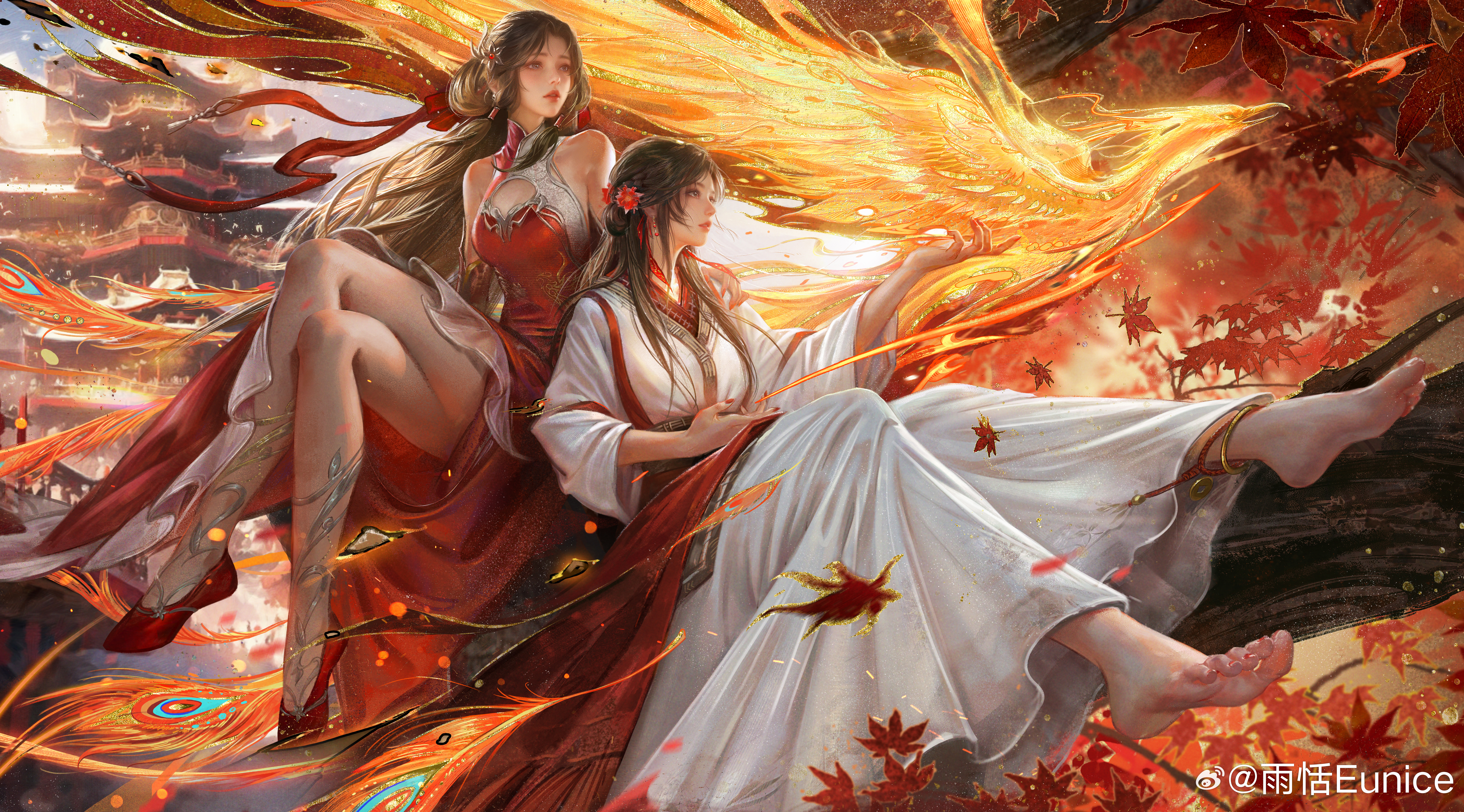you nisi eunice, huo linger (wanmei shijie), wanmei shijie, absurdres, highres, 2girls, barefoot, black hair, building, dress, happy birthday, leaf, long hair, maple leaf, multiple girls, red dress, red shoes, shoes, sitting