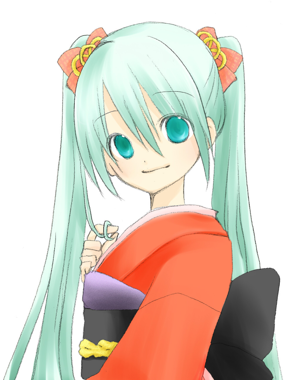 yuki (snowybugloss), hatsune miku, vocaloid, bad id, bad pixiv id, highres, 1girl, aqua eyes, female focus, green hair, japanese clothes, kimono, long hair, red kimono, solo, twintails, yukata