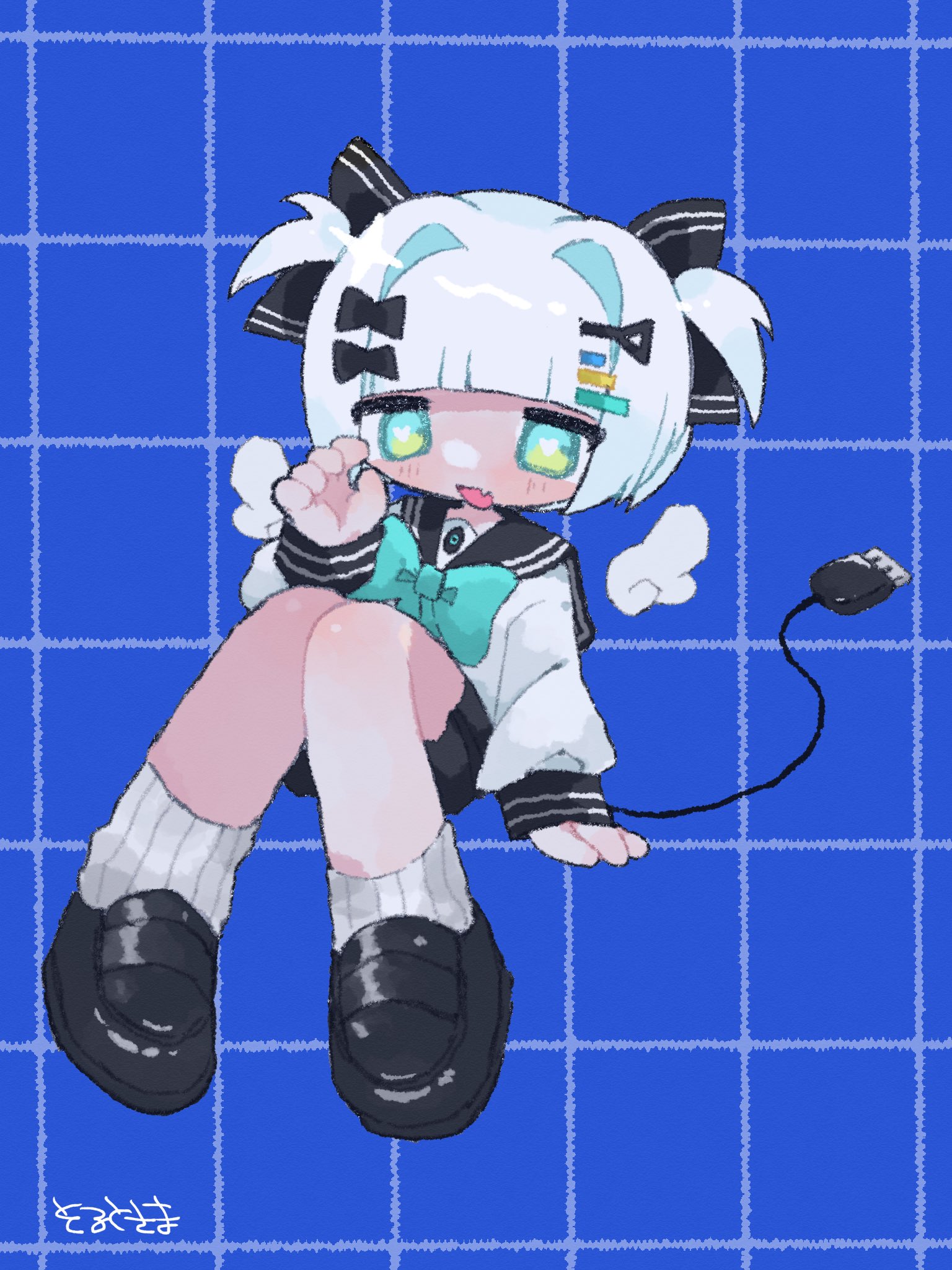salt sama, highres, 1girl, aqua bow, aqua bowtie, aqua eyes, black bow, black sailor collar, black shoes, black skirt, blue background, blunt bangs, blush, bow, bowtie, detached wings, electric plug, electric plug tail, fang, full body, green eyes, grid background, hair bow, hair intakes, hair ornament, hand up, heart, heart-shaped pupils, invisible chair, knees together feet apart, loafers, long sleeves, looking at viewer, memeshii (utau), mini wings, miniskirt, multicolored eyes, multiple hair bows, sailor collar, school uniform, serafuku, shoes, short hair, signal bar, signature, sitting, skin fang, skirt, smile, socks, solo, symbol-shaped pupils, tail, two-tone eyes, two side up, white hair, white socks, wings