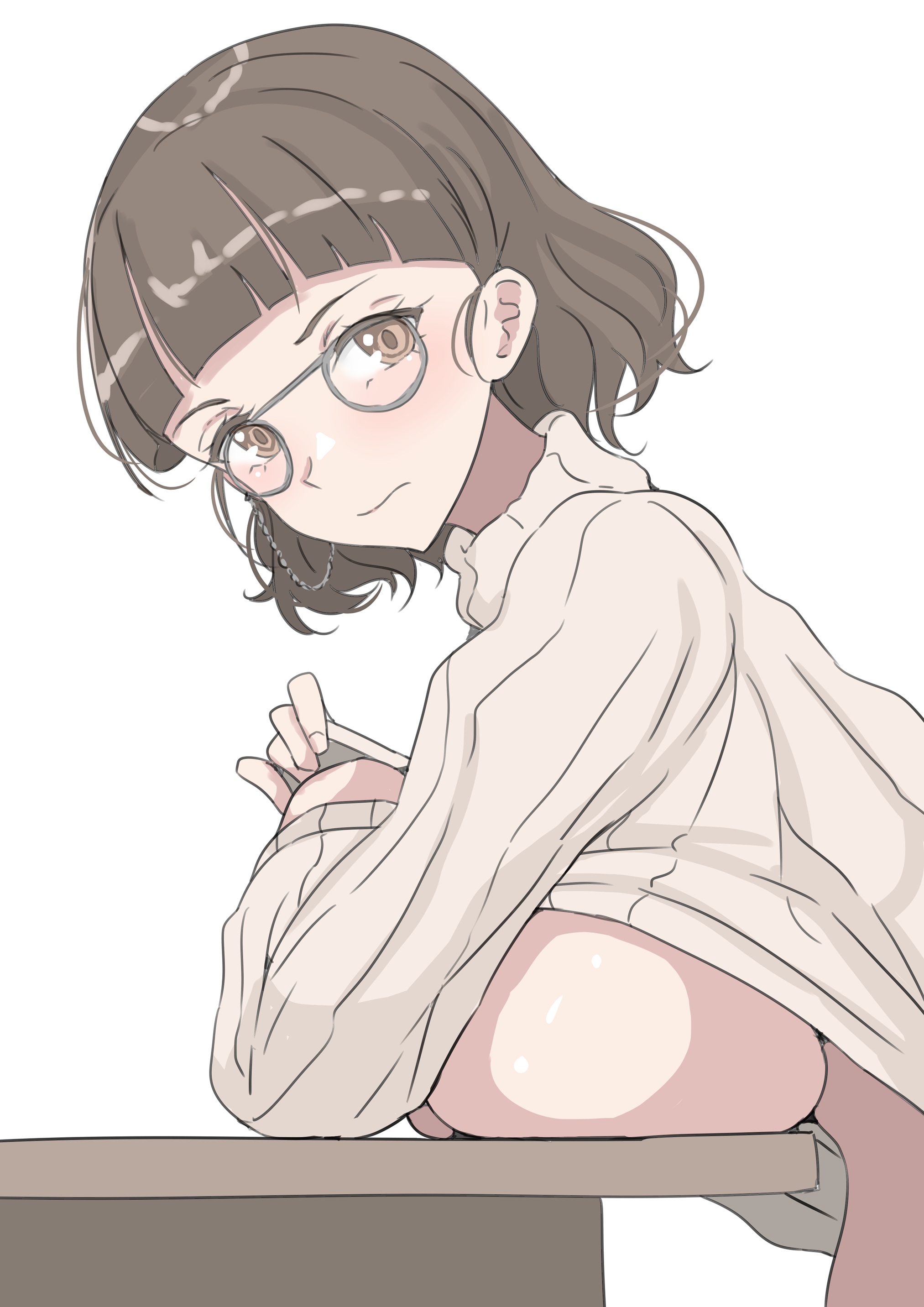 ken (shutenndouji1), character request, 1girl, blush, bob cut, breasts, brown eyes, brown hair, clothes lift, glasses, large breasts, shirt lift, sweater