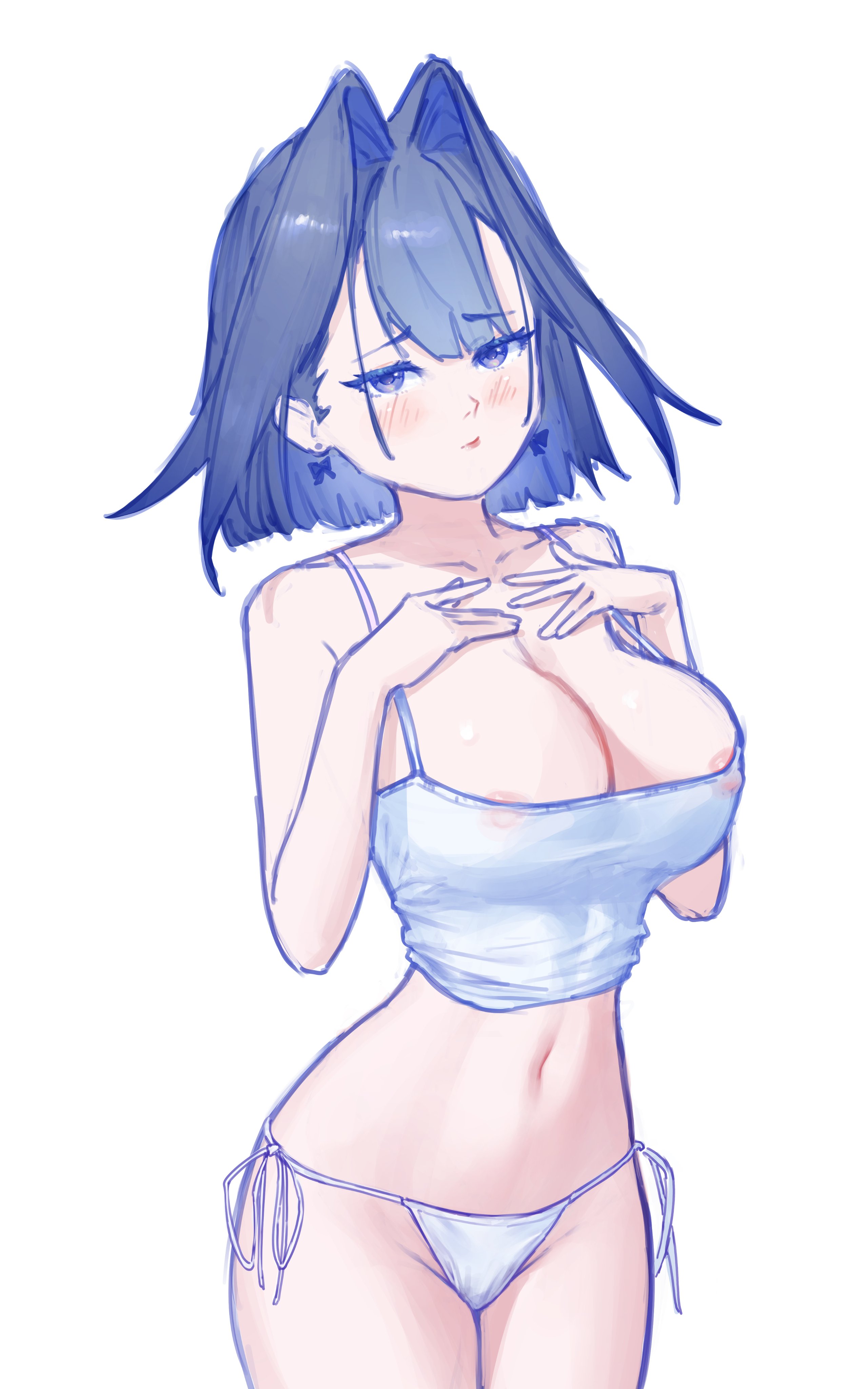 bobsta01, ouro kronii, hololive, hololive english, areola slip, blue eyes, blue hair, breasts, cleavage, collarbone, covered navel, crop top, hair intakes, looking at viewer, medium hair, midriff, navel, nipples, panties, side-tie panties, underwear, virtual youtuber