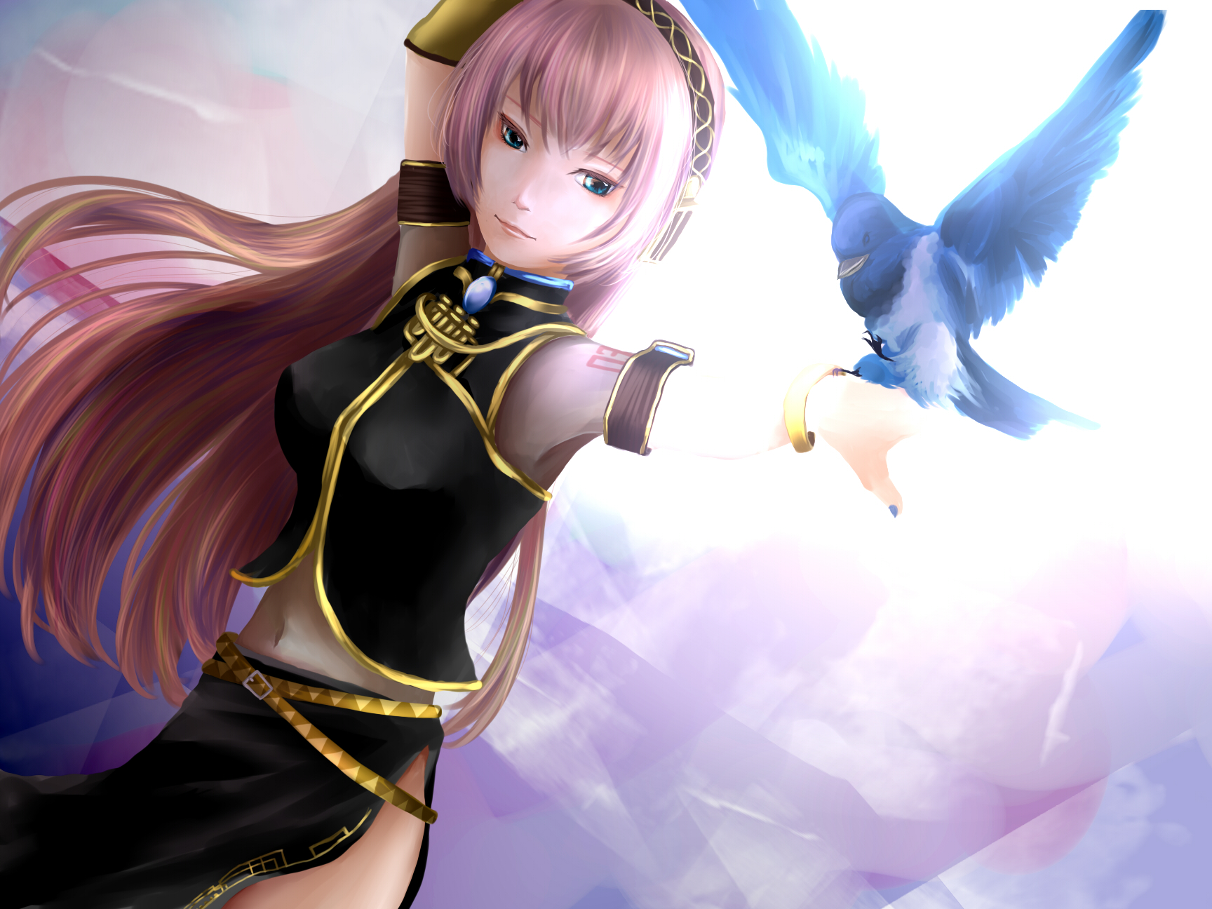 klemme, megurine luka, vocaloid, bad id, bad pixiv id, highres, 1girl, bird, bird on hand, blue eyes, female focus, long hair, pink hair, solo