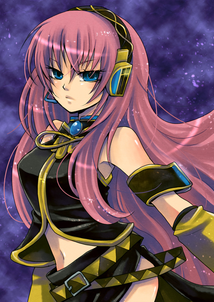 yomorin, megurine luka, vocaloid, bad id, bad pixiv id, belt, blue eyes, headset, long hair, pink hair, solo