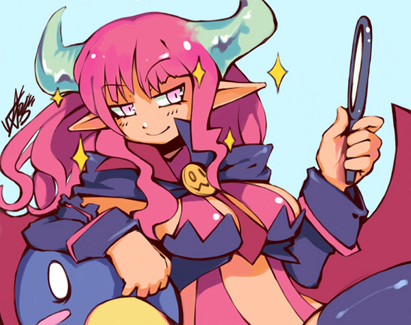 woofycakes, prinny, succubus (disgaea), disgaea, makai senki disgaea 3, nippon ichi, bad id, bad pixiv id, 1girl, breasts, demon girl, female focus, horns, large breasts, long hair, mirror, necktie, pink eyes, pink hair, pointy ears, solo