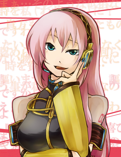 nononono, megurine luka, vocaloid, breast hold, bad id, bad pixiv id, 1girl, blue eyes, blue nails, breasts, female focus, licking lips, long hair, nail polish, number tattoo, pink hair, shoulder tattoo, solo, tattoo, tongue, tongue out