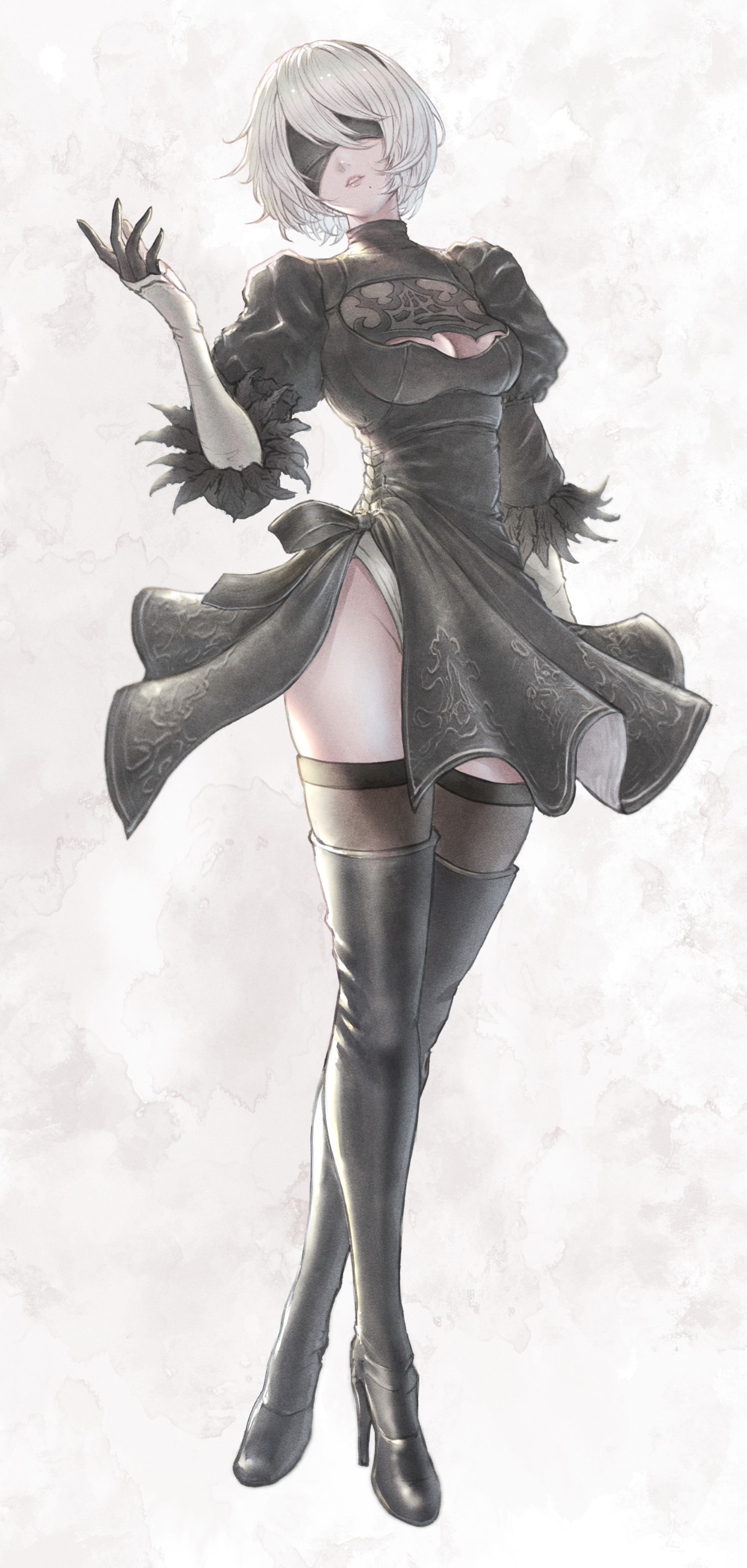 tomozoo83, 2b (nier:automata), nier:automata, nier (series), absurdres, commentary, english commentary, highres, 1girl, black boots, black dress, black gloves, black hairband, blindfold, boots, breasts, cleavage cutout, clothing cutout, covered eyes, dress, full body, gloves, gradient background, hair between eyes, hairband, hand up, high heel boots, high heels, juliet sleeves, leotard, lips, long sleeves, medium breasts, mole, mole under mouth, open hand, parted lips, puffy sleeves, short hair, solo, standing, thigh boots, thighs, turtleneck, turtleneck dress, white hair, white leotard