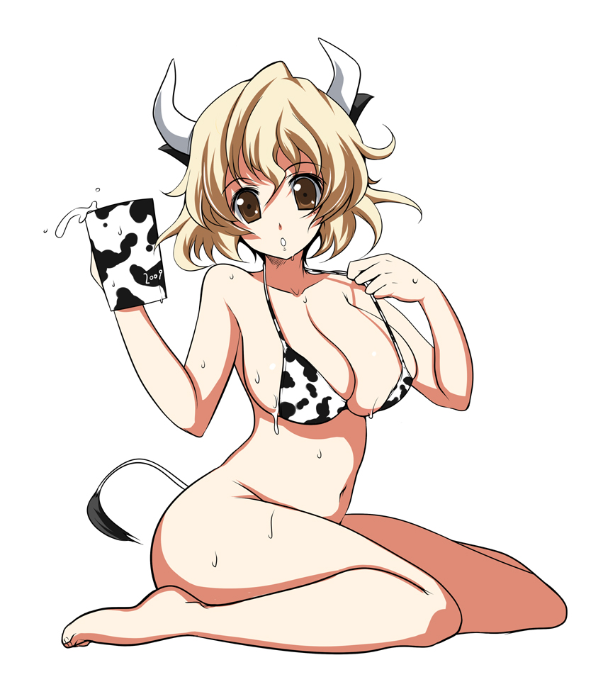 shijou sadafumi, 00s, 1girl, 2009, animal print, barefoot, bikini, bikini top only, blonde hair, bottomless, breasts, brown eyes, cleavage, cow girl, cow print, cup, female focus, horns, large breasts, milk, mole, mole under eye, mug, navel, new year, solo, swimsuit, tail, thighs