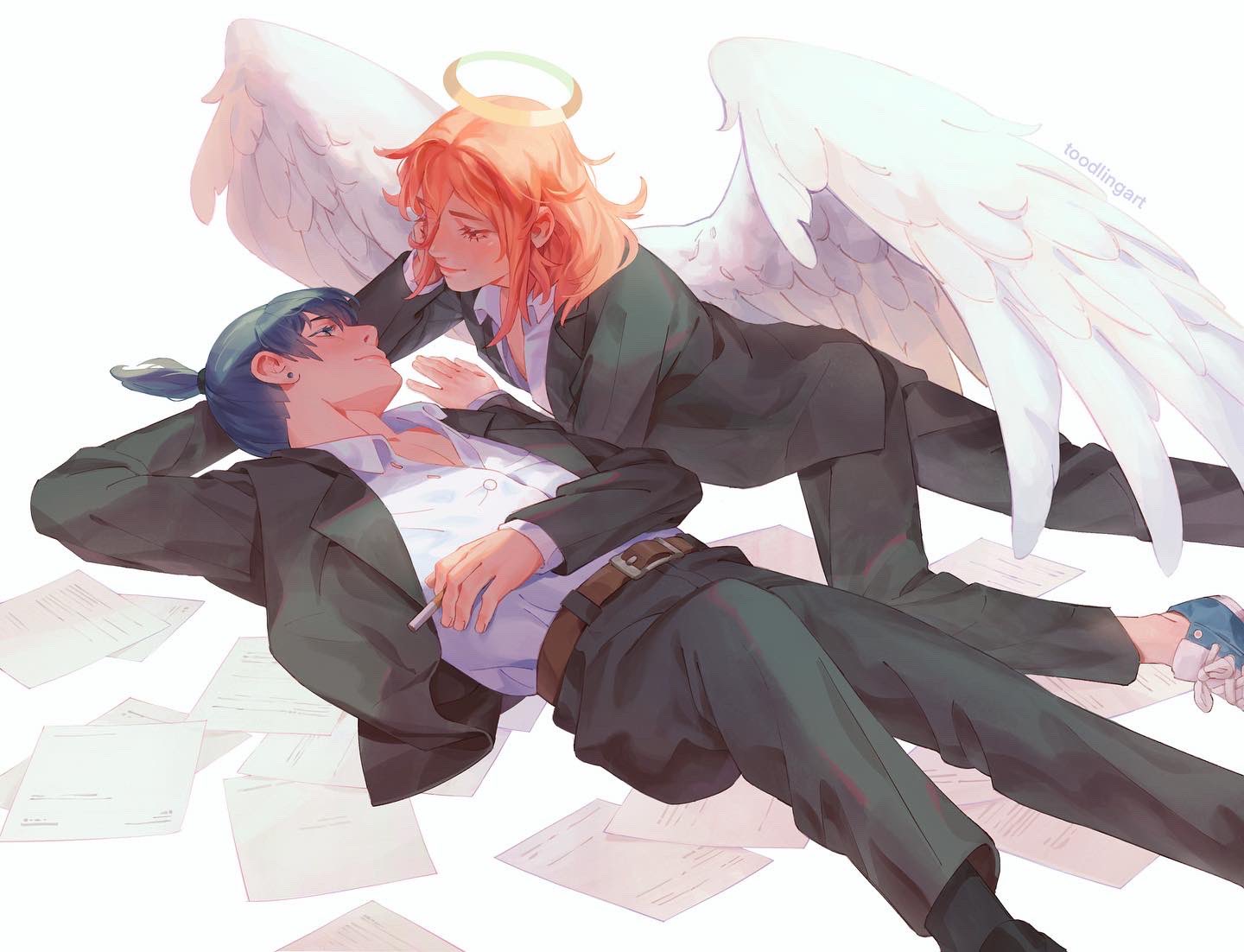 toodlingart, angel devil (chainsaw man), hayakawa aki, chainsaw man, commentary, english commentary, 2boys, angel, angel wings, belt, belt buckle, black hair, black jacket, black pants, black suit, brown belt, buckle, cigarette, closed mouth, collared shirt, earrings, elbow rest, feathered wings, fingernails, formal clothes, hair behind ear, halo, head rest, holding, holding cigarette, jacket, jewelry, layered sleeves, lying, male focus, medium hair, multiple boys, on back, on side, open clothes, open collar, open jacket, pants, paper, piercing, red hair, shirt, shirt tucked in, shoelaces, shoes, smile, sneakers, stud earrings, suit, suit jacket, topknot, white wings, wing collar, wings, yaoi