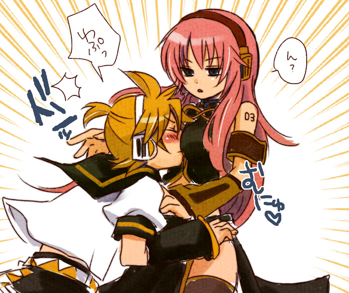 yomorin, kagamine len, megurine luka, vocaloid, 1boy, 1girl, blush, breast smother, breasts, face to breasts, height difference, hetero, long hair, number tattoo, pink hair, shoulder tattoo, tattoo, thighhighs